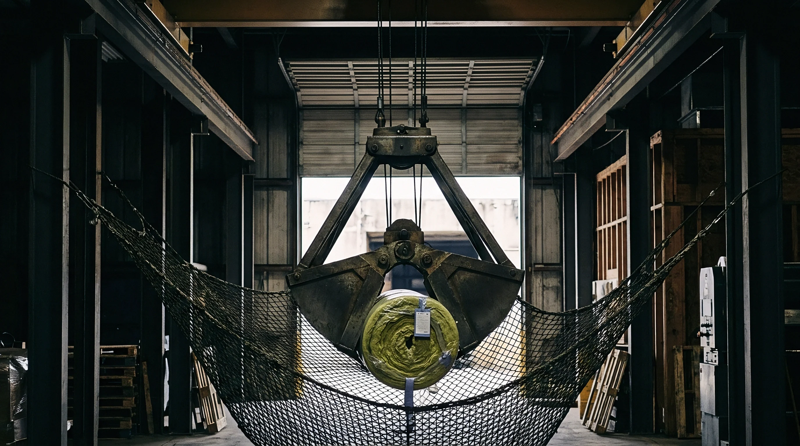 An industrial overhead grapple suspends a cylindrical raw material roll above a reinforced mesh cargo net inside a heavy manufacturing facility.