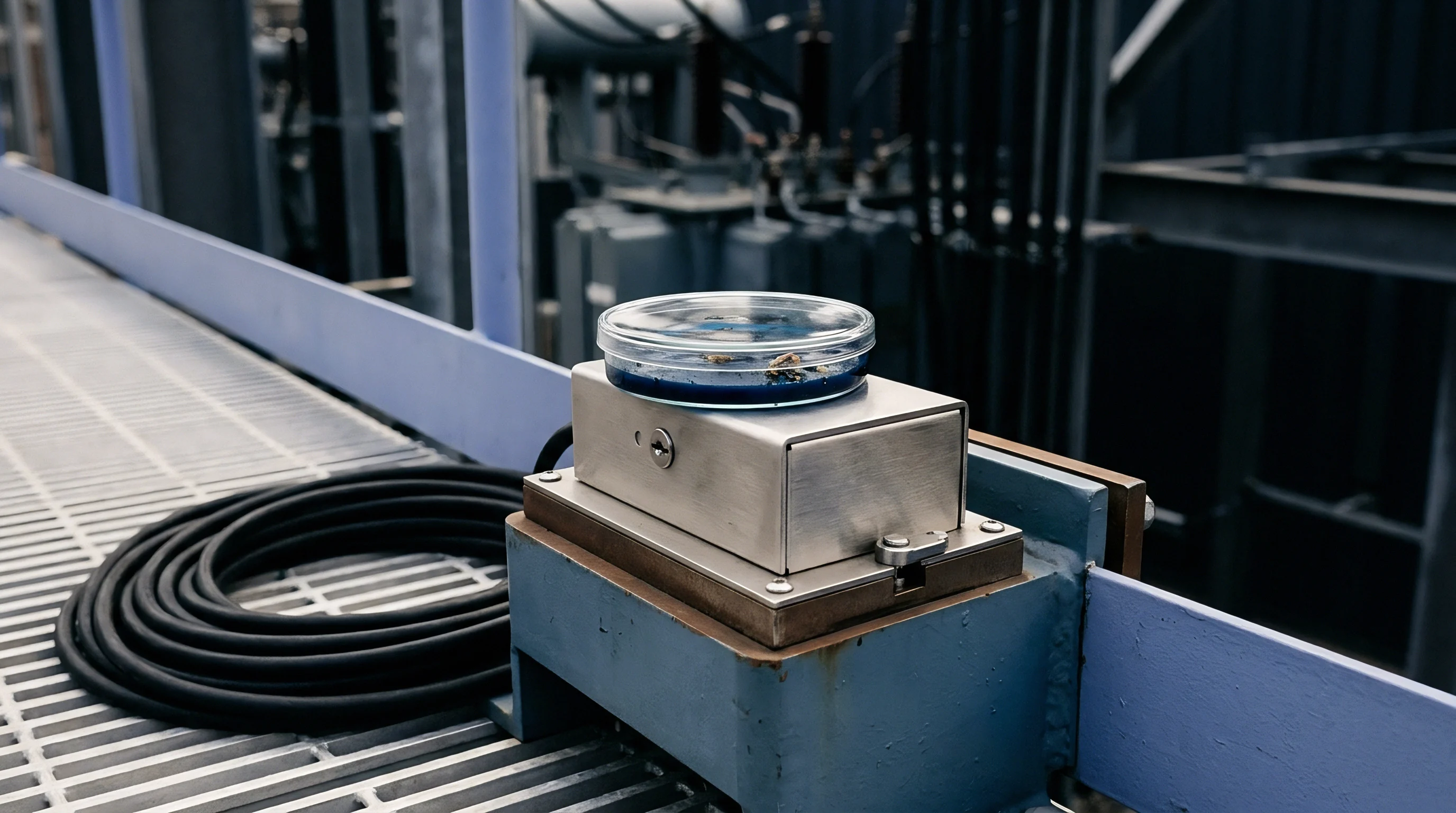 A metal sampling enclosure holding a liquid filled petri dish sits atop structural steel within an industrial power facility.