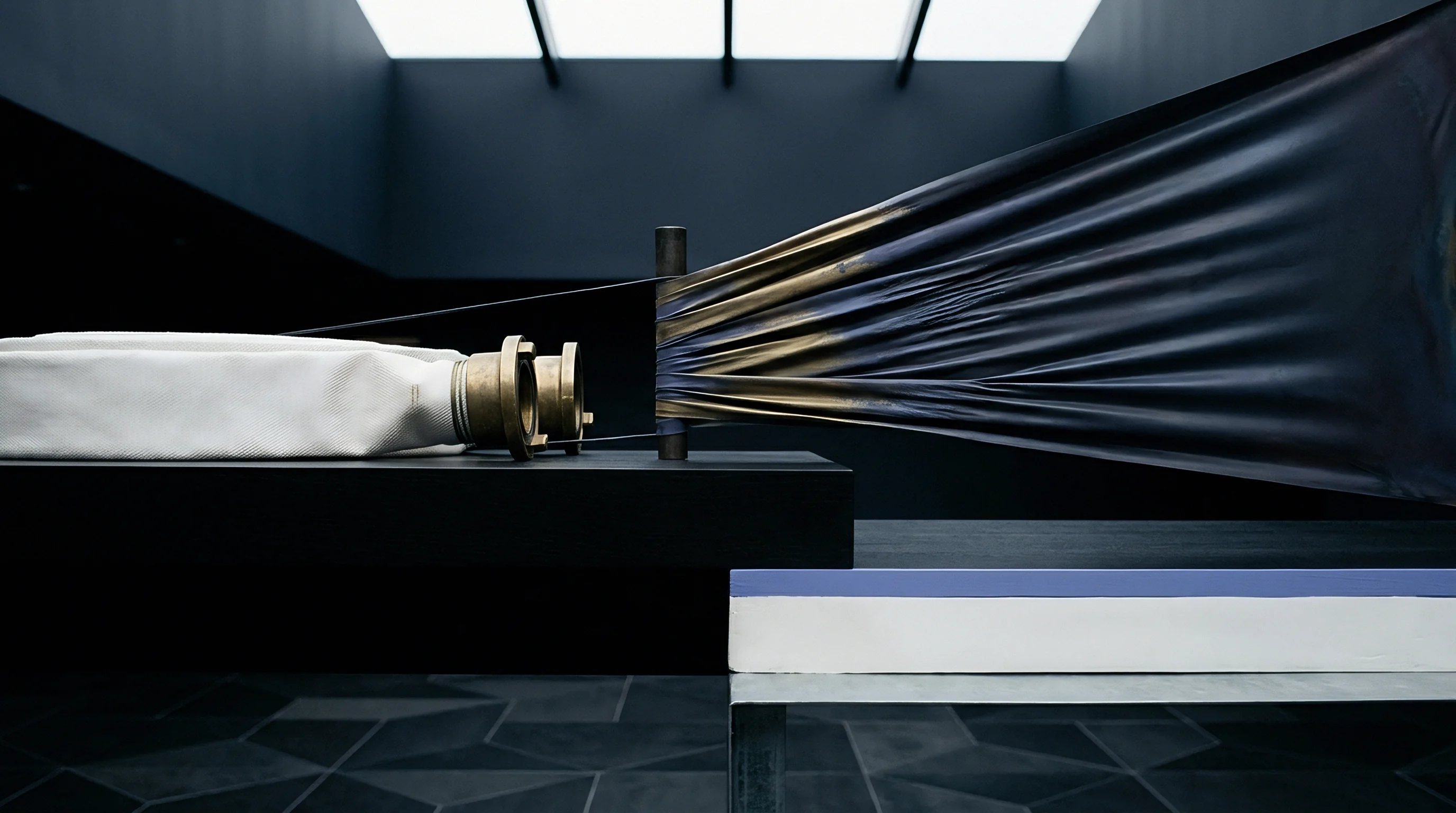 A white folded container and brass couplings rest beside a vertical metal guide post feeding a dark polymer sheet across an industrial room.