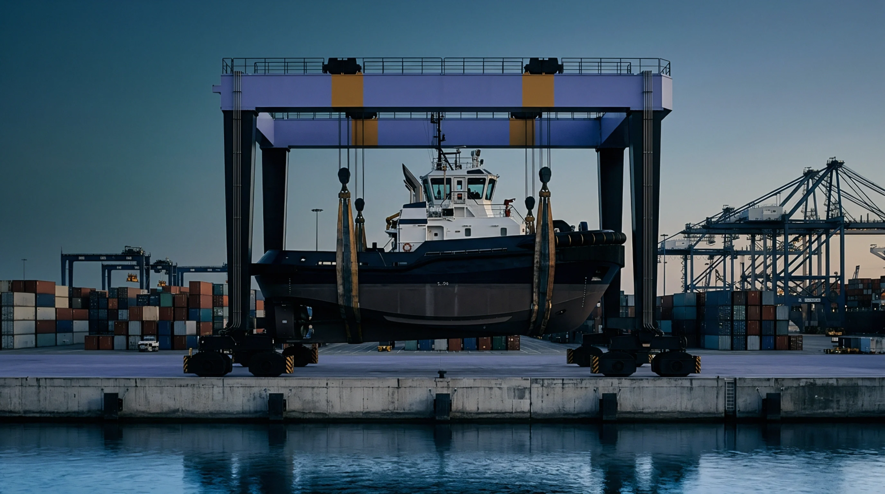 A heavy gantry crane suspends a painted steel tugboat above a concrete terminal surrounded by shipping containers at dusk.