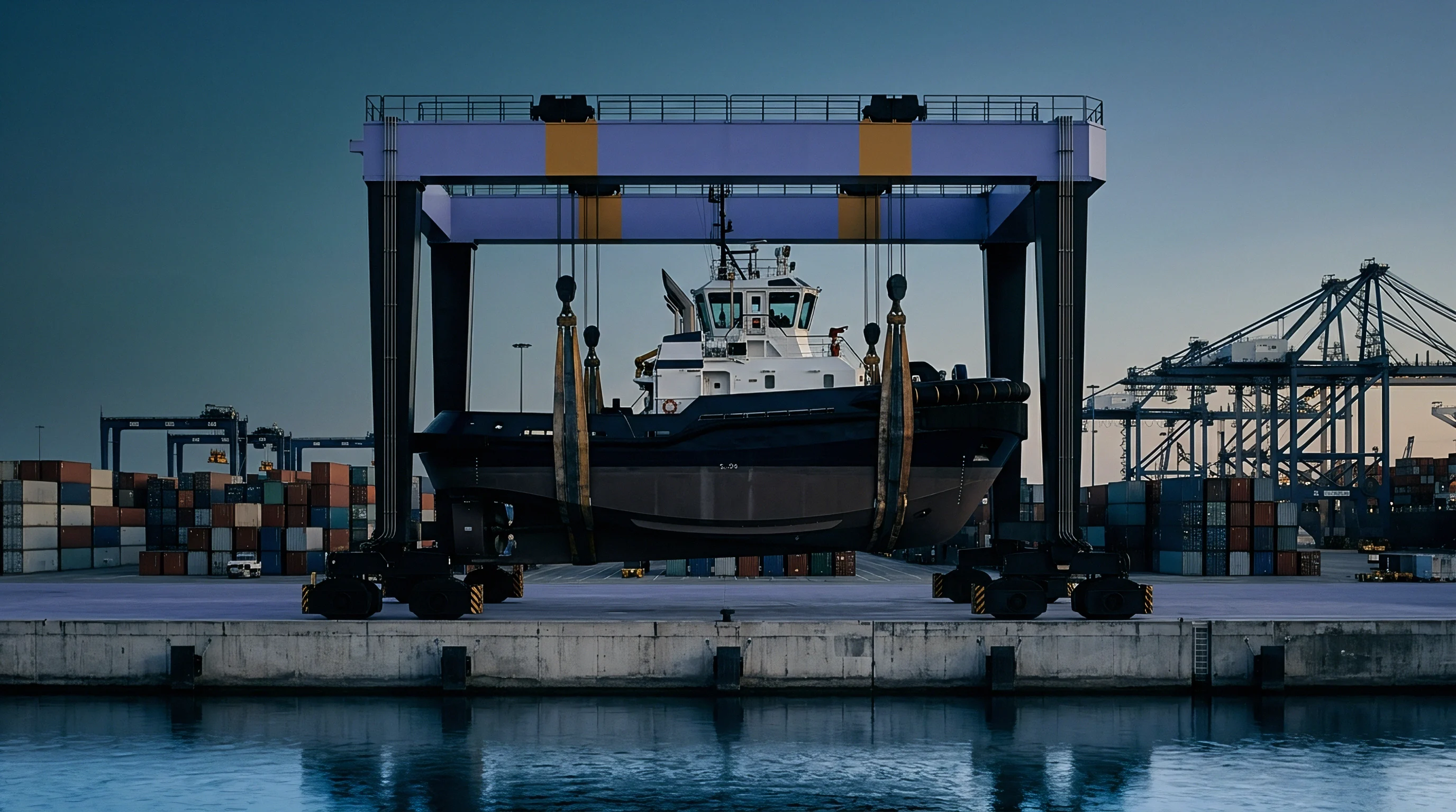 A heavy gantry crane suspends a painted steel tugboat above a concrete terminal surrounded by shipping containers at dusk.