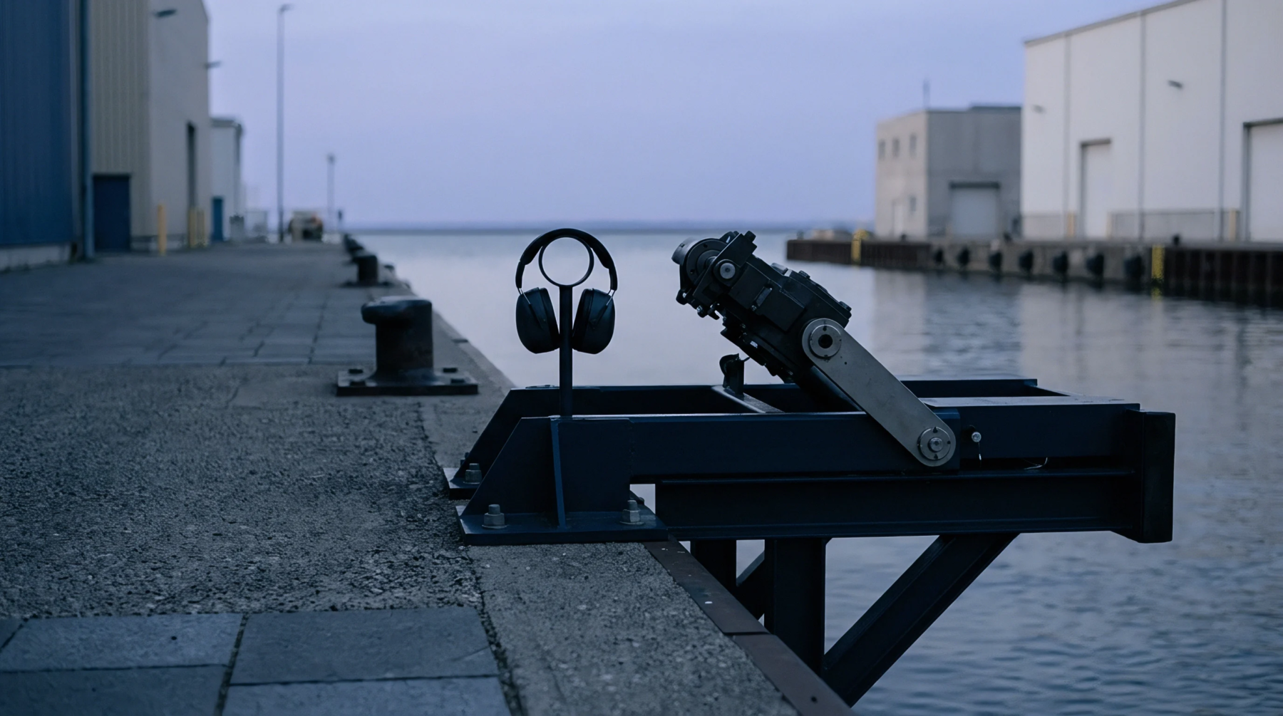 Protective earmuffs rest on a metal stand beside a specialized monitoring instrument mounted on a concrete dock along an industrial waterway.