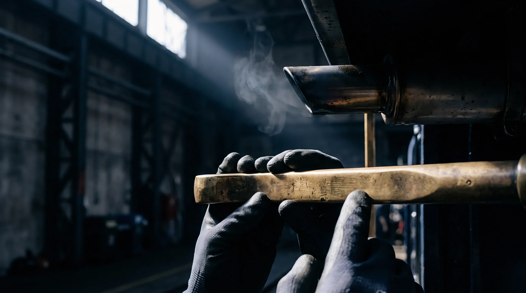 Gloved hands align a brass fitting beneath an active exhaust vent inside a dimly lit industrial facility with visible structural girders.