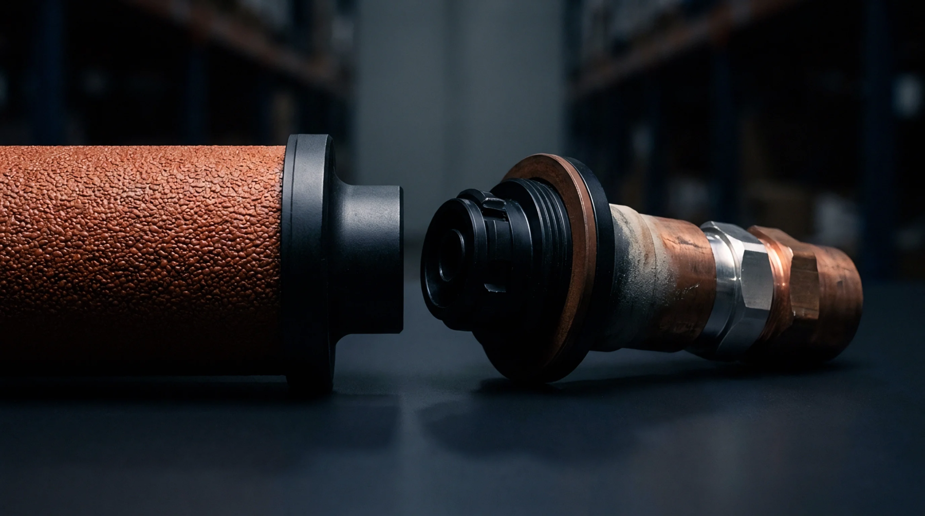 Textured brown porous cylindrical element and precision metallic threaded connector rest aligned on a dark industrial workbench facing storage shelving.