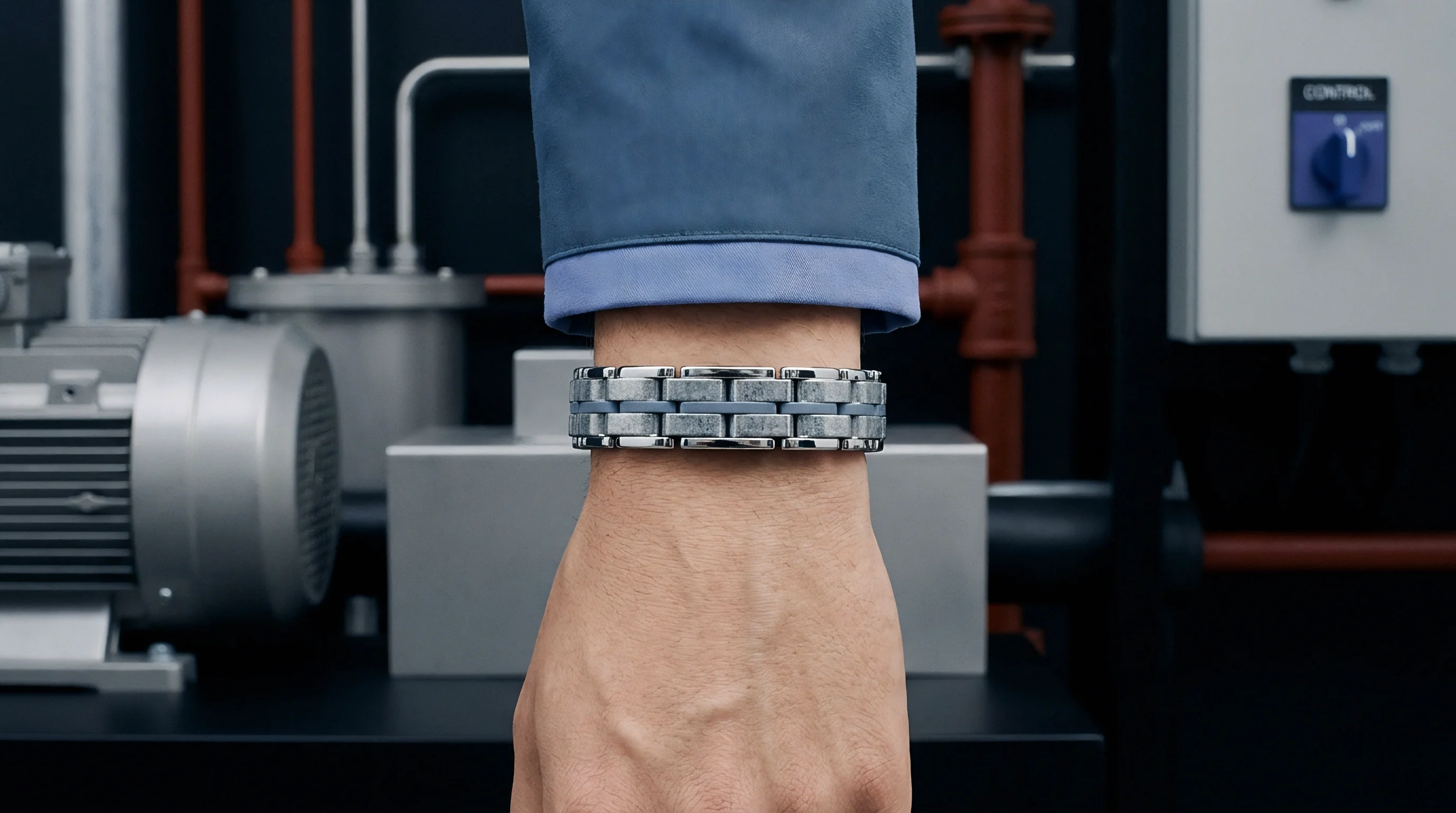 A metallic modular link assembly rests against a worker forearm inside a heavy machinery manufacturing facility with exposed steel pipes.