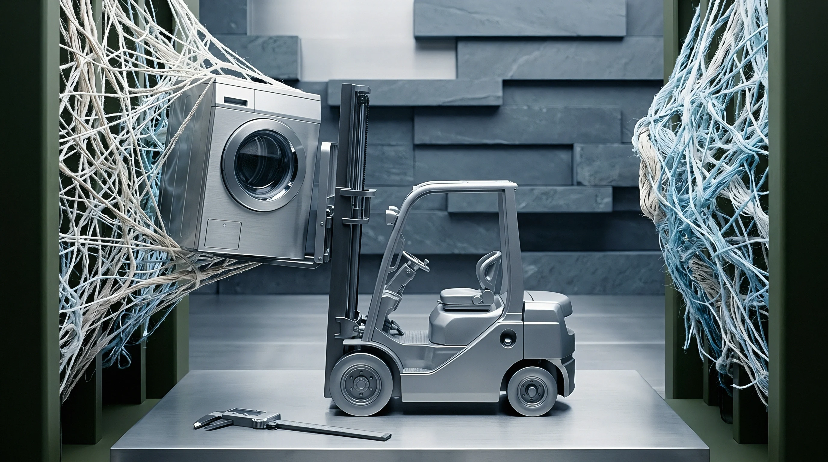A monochromatic three dimensional render shows a forklift transporting a metallic washing machine through complex fibrous webs while a digital caliper rests nearby.