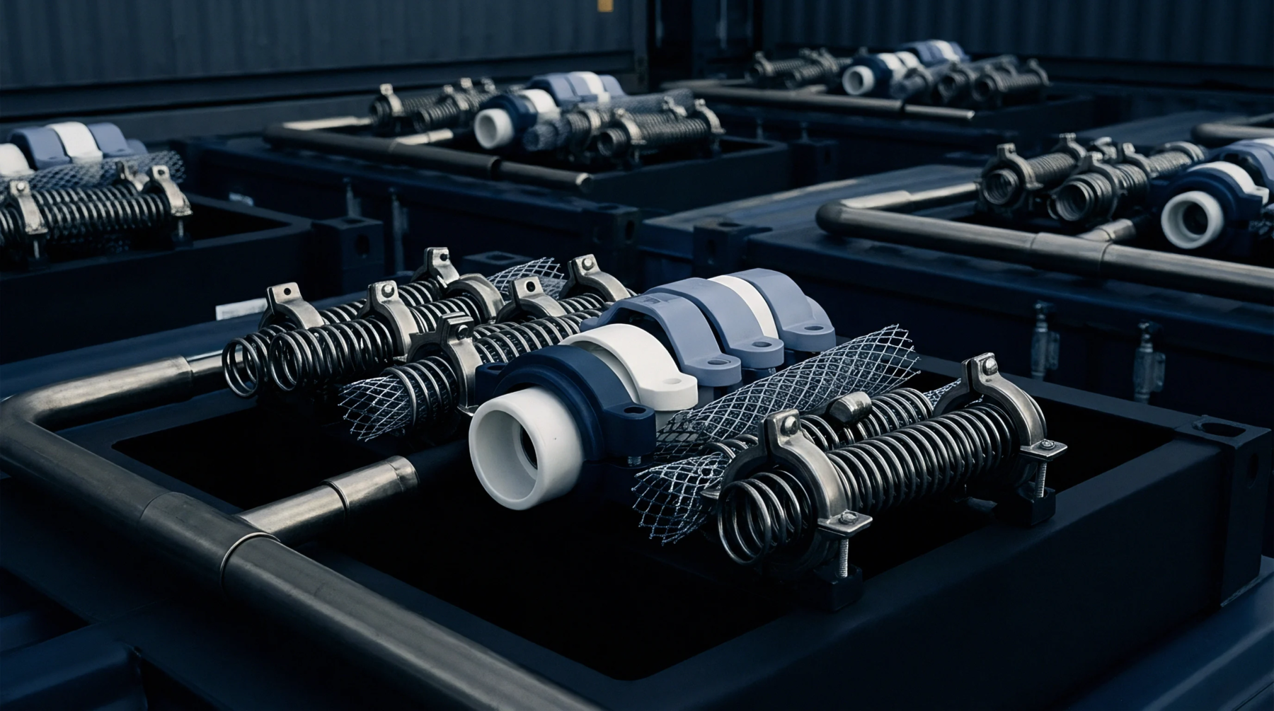 Industrial mechanical assemblies featuring coiled steel springs and polymer mounts rest securely inside heavy metal containers within a dark logistics facility.