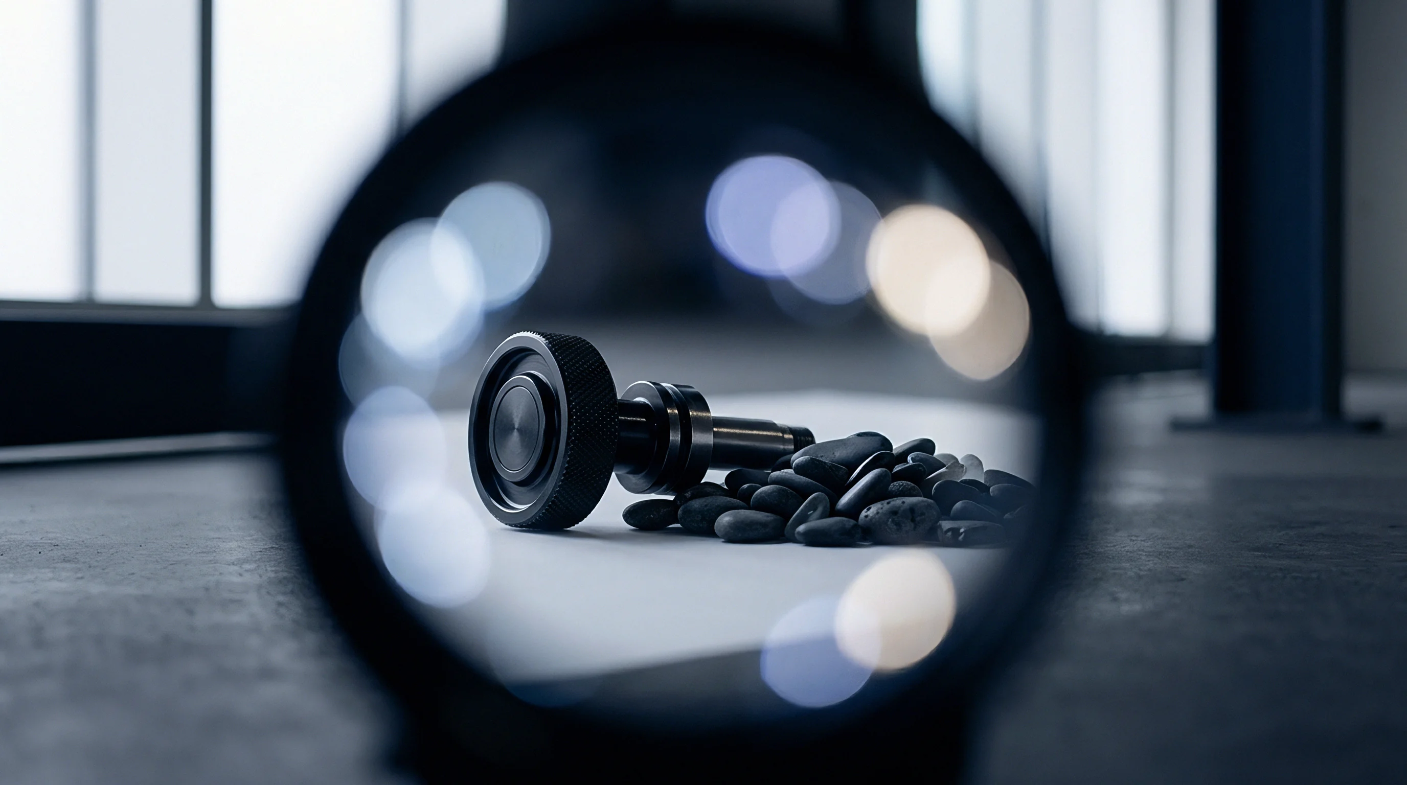 A machined steel component rests beside small aggregate granules on a workbench inside a manufacturing facility.
