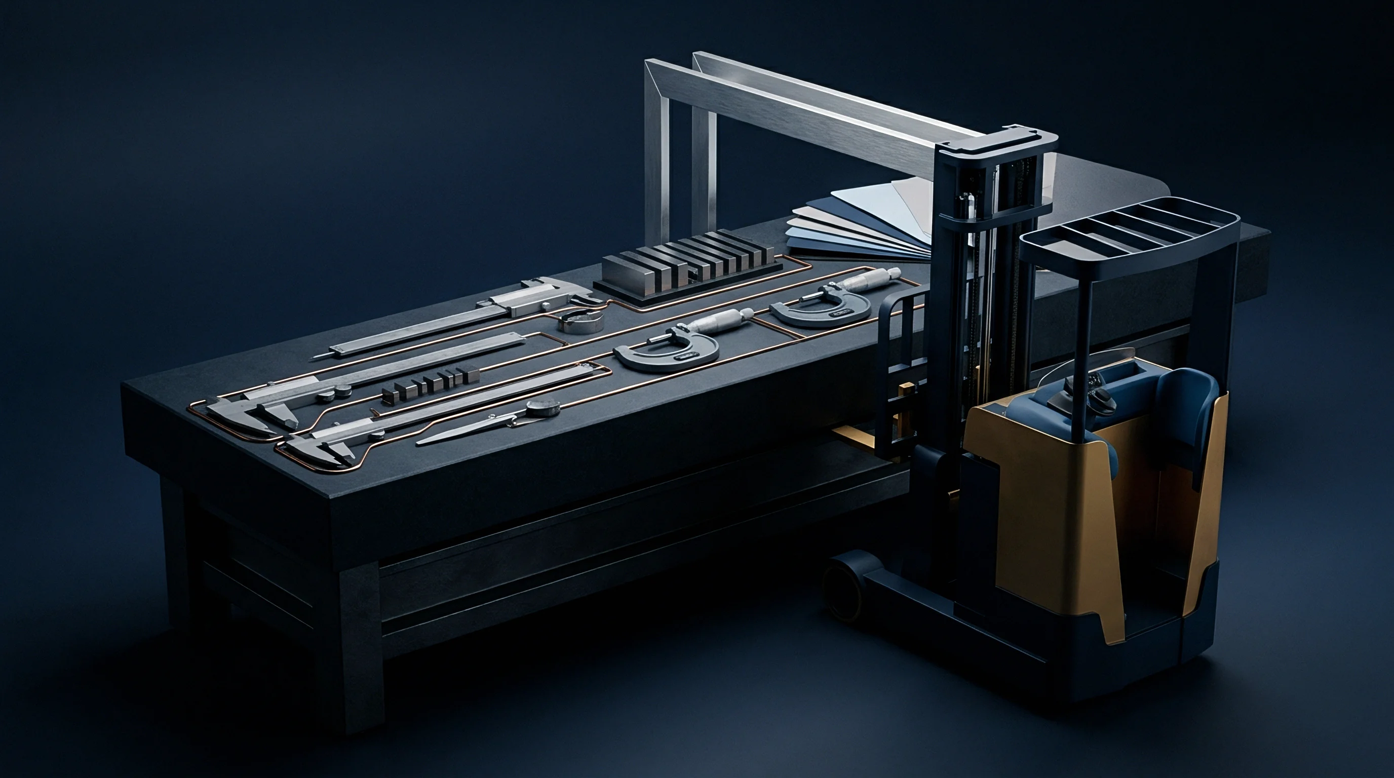 Precision calipers and micrometers rest on a black workbench beside an industrial lift vehicle in this digital render.