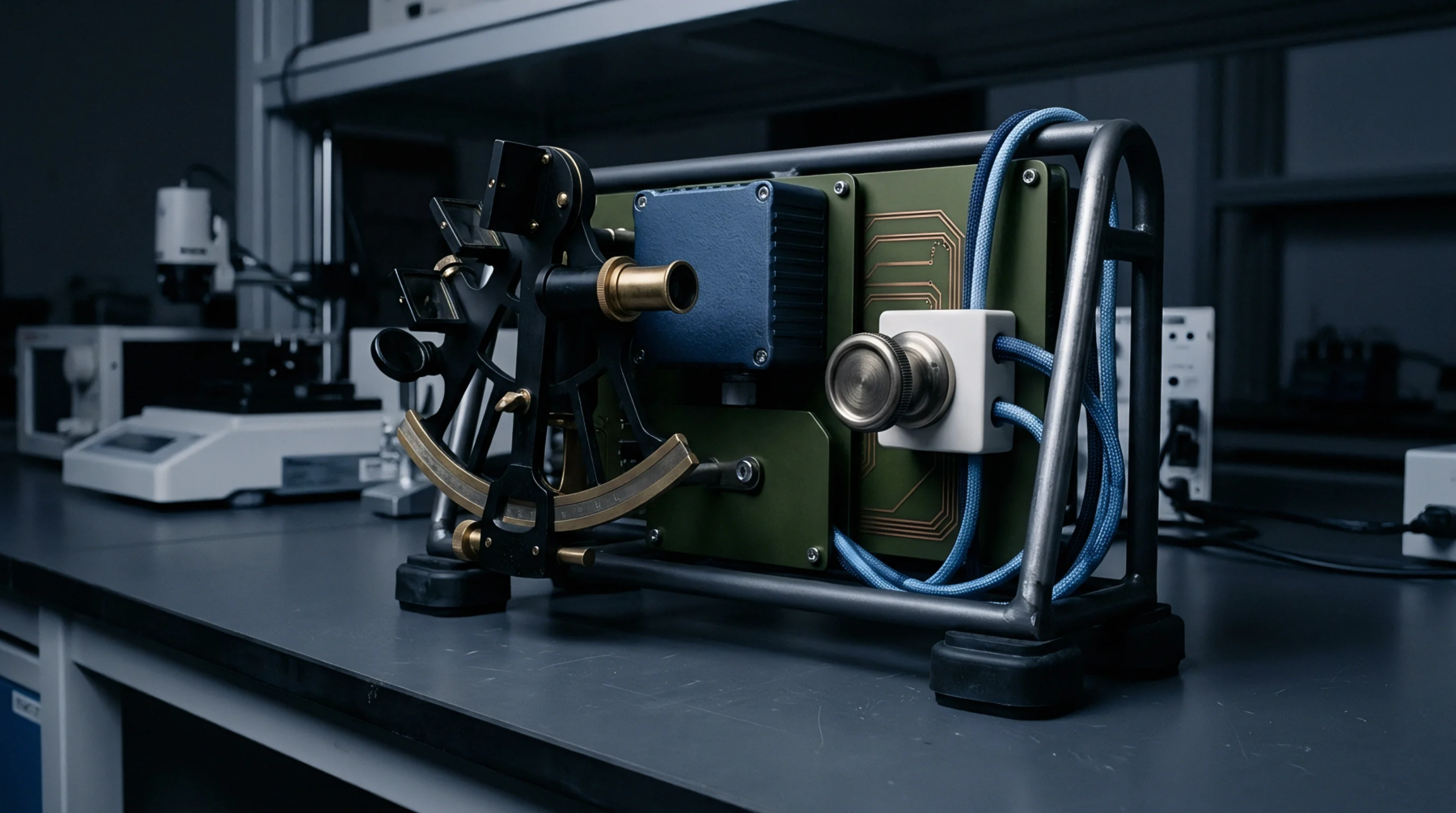 Brass and metal navigation hardware integrates with electronic control units and blue cabling mounted on a laboratory workbench.