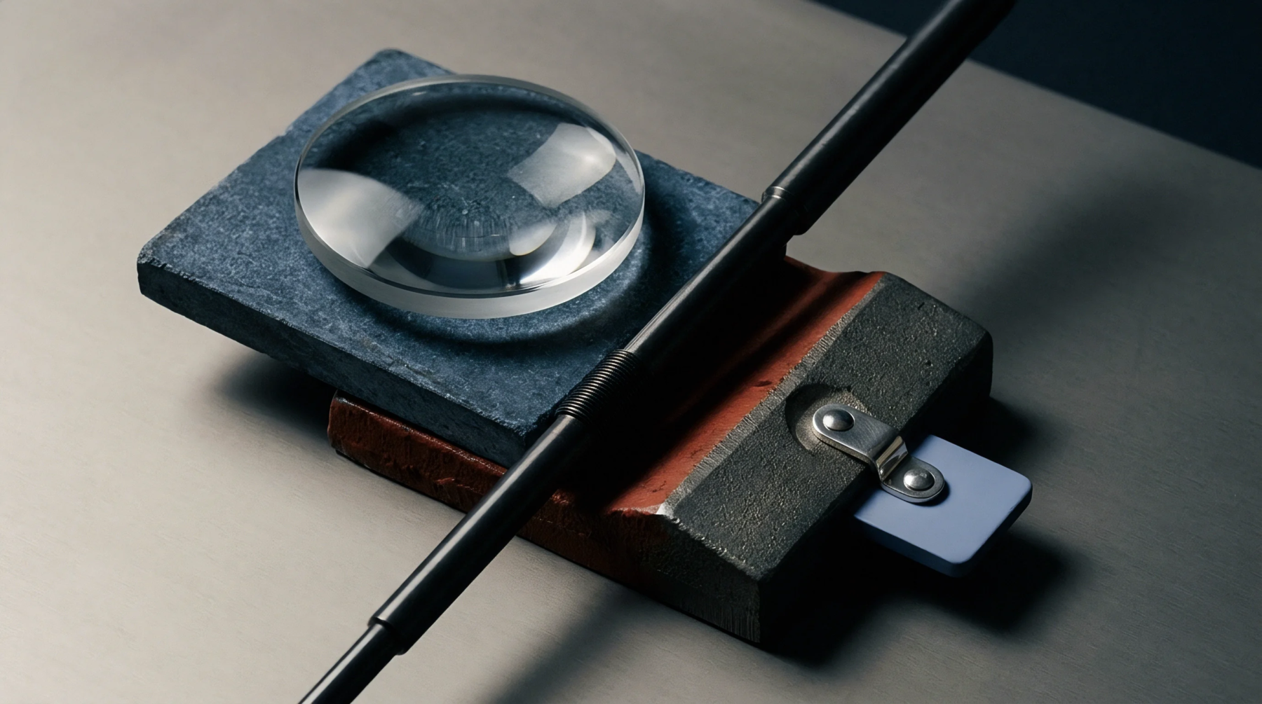 A polished glass lens rests upon a textured slate block atop a brick base beside a metal rod and a blue reference tab.