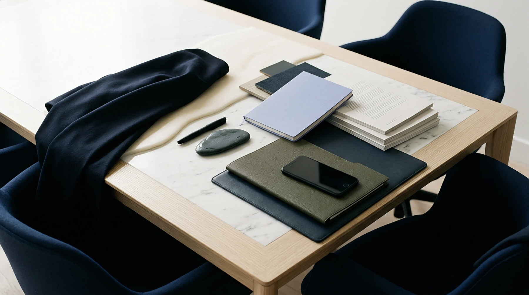 An executive meeting table displays diverse material samples, notebooks, and digital communication tools ready for product development and strategic sourcing discussions.