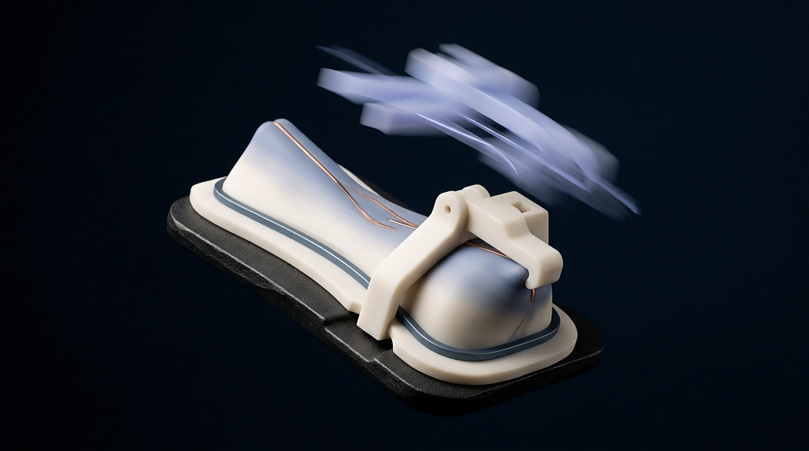 A studio photograph presents a white polymer prototype model featuring copper wiring secured horizontally beneath a fast moving aircraft shape.