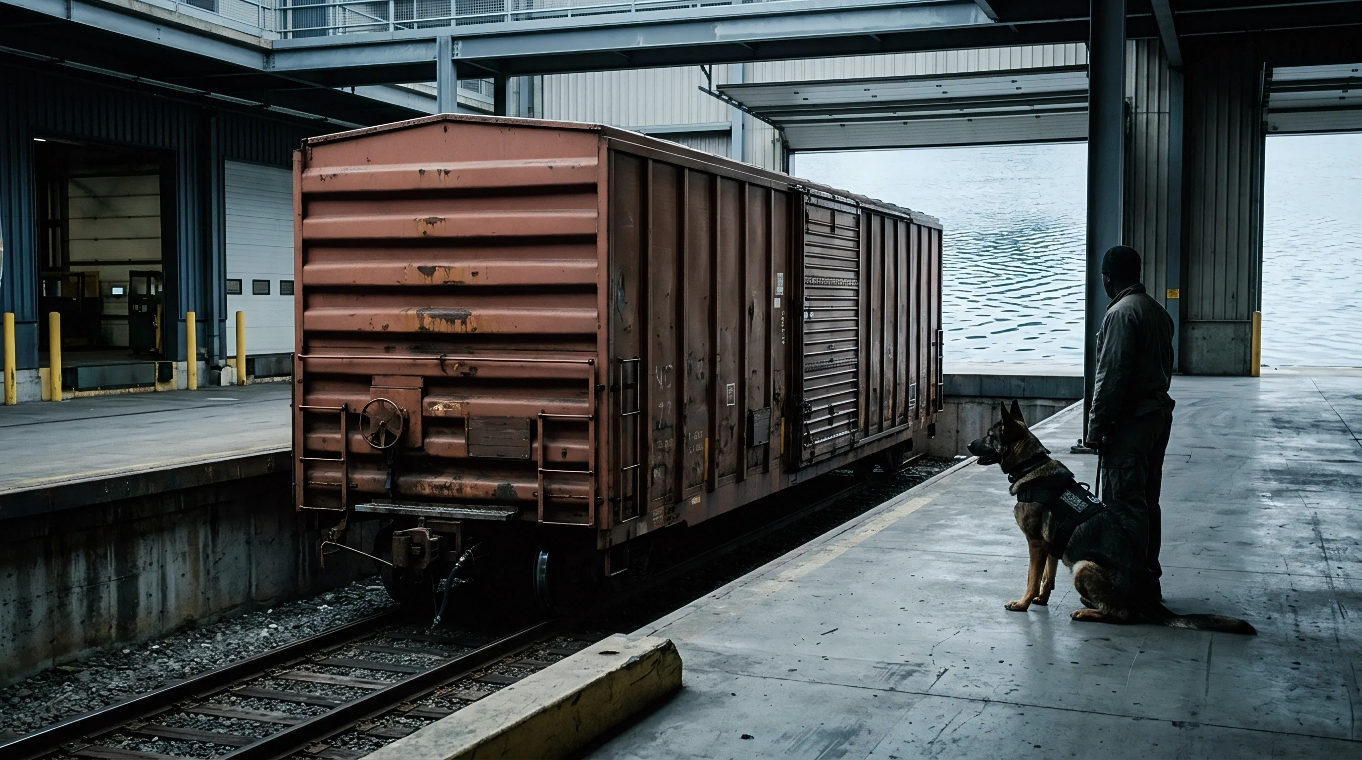 A rail freight boxcar waits on terminal tracks beside a concrete loading dock while a security handler and working dog stand nearby.