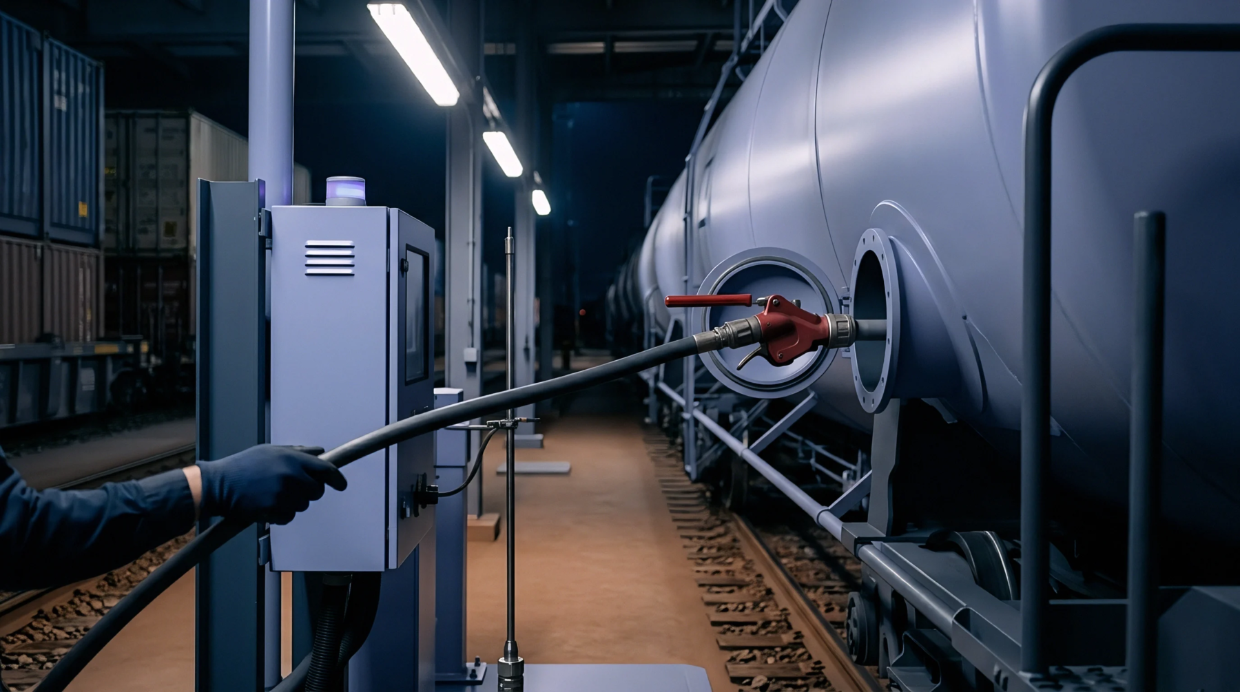 A gloved operator grips a fuel nozzle connected to a control terminal during fluid transfer into a large railway tank car.