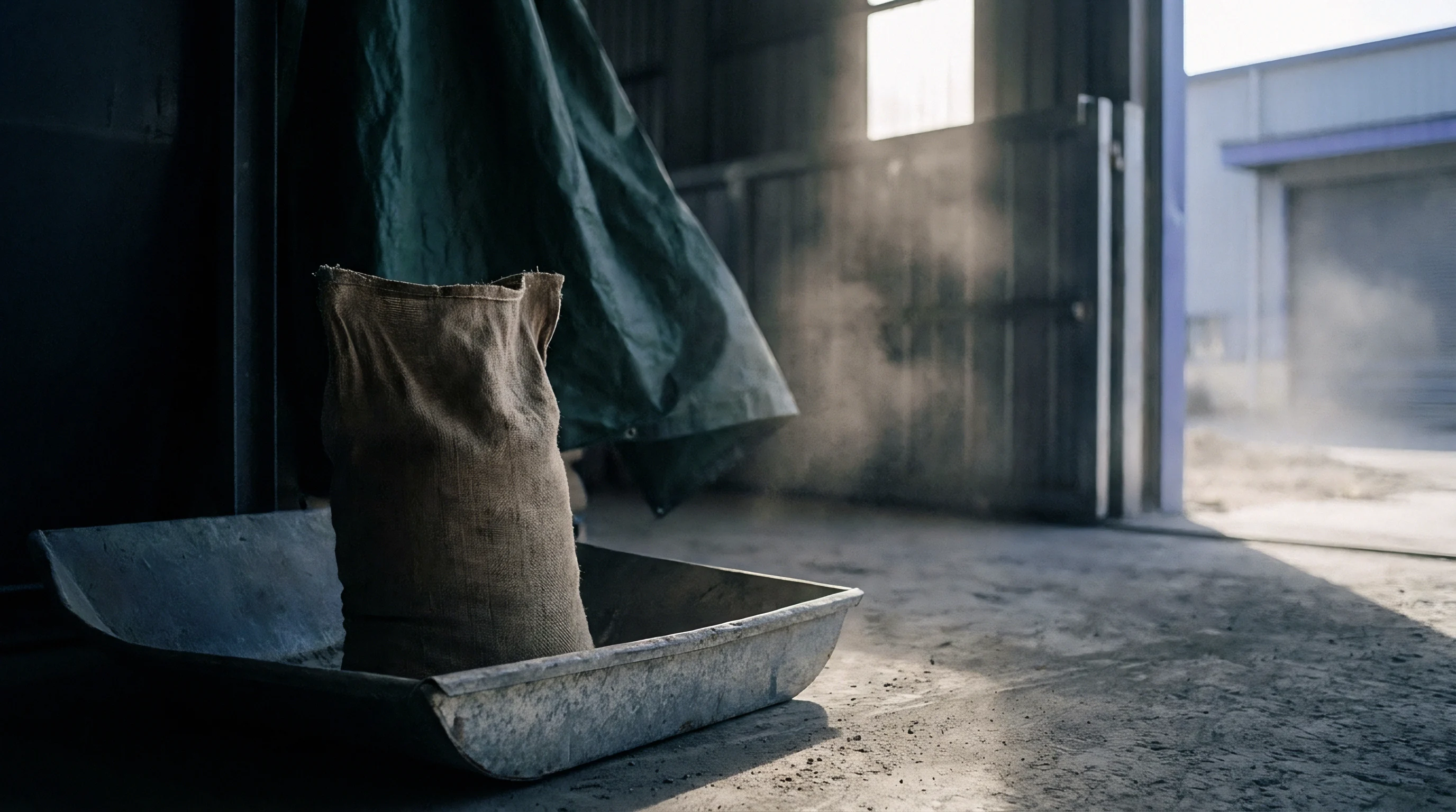 A loaded burlap sack rests inside a metal handling tray on the concrete floor of an active industrial warehouse facility.