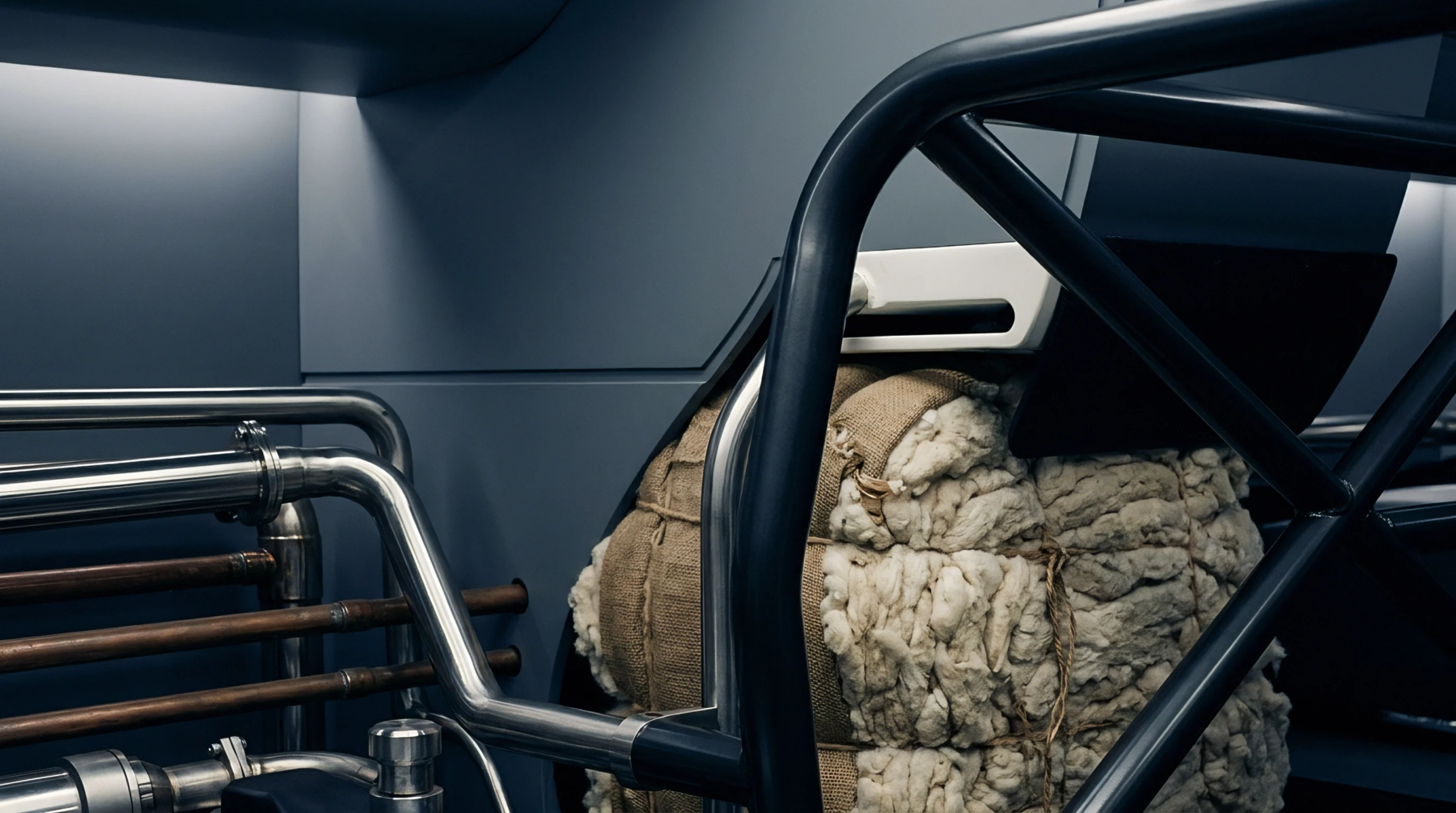 Heavy industrial steel piping frames a compressed bale of raw organic fiber wrapped in burlap within a transit facility.