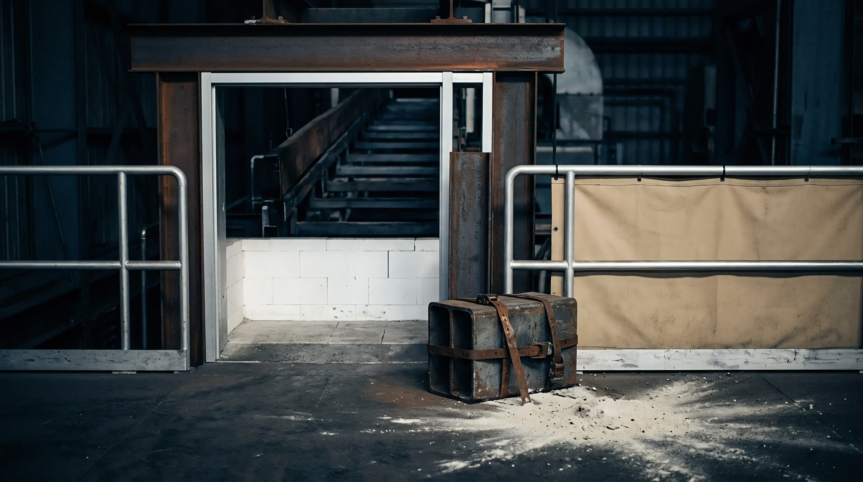 A metal storage box secured with straps sits on a concrete floor near a white masonry wall in this industrial digital render.