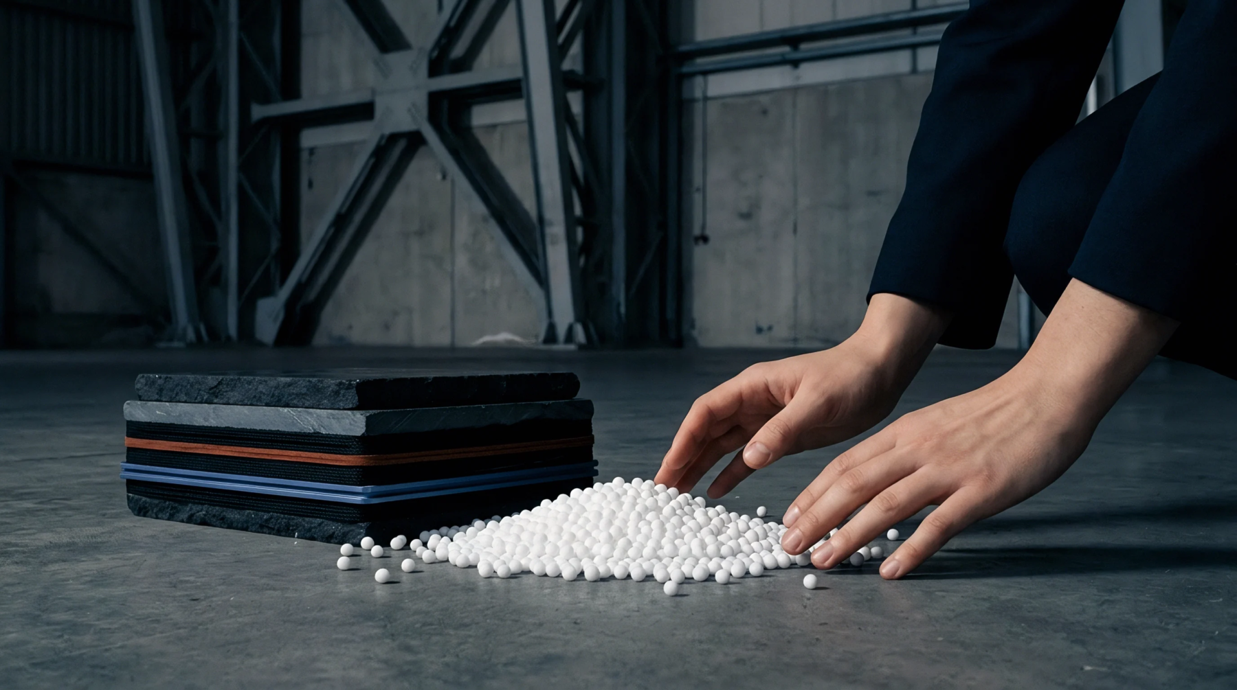 Polymer beads and layered insulation panels rest on a concrete warehouse floor beside industrial steel framing during raw material sorting.