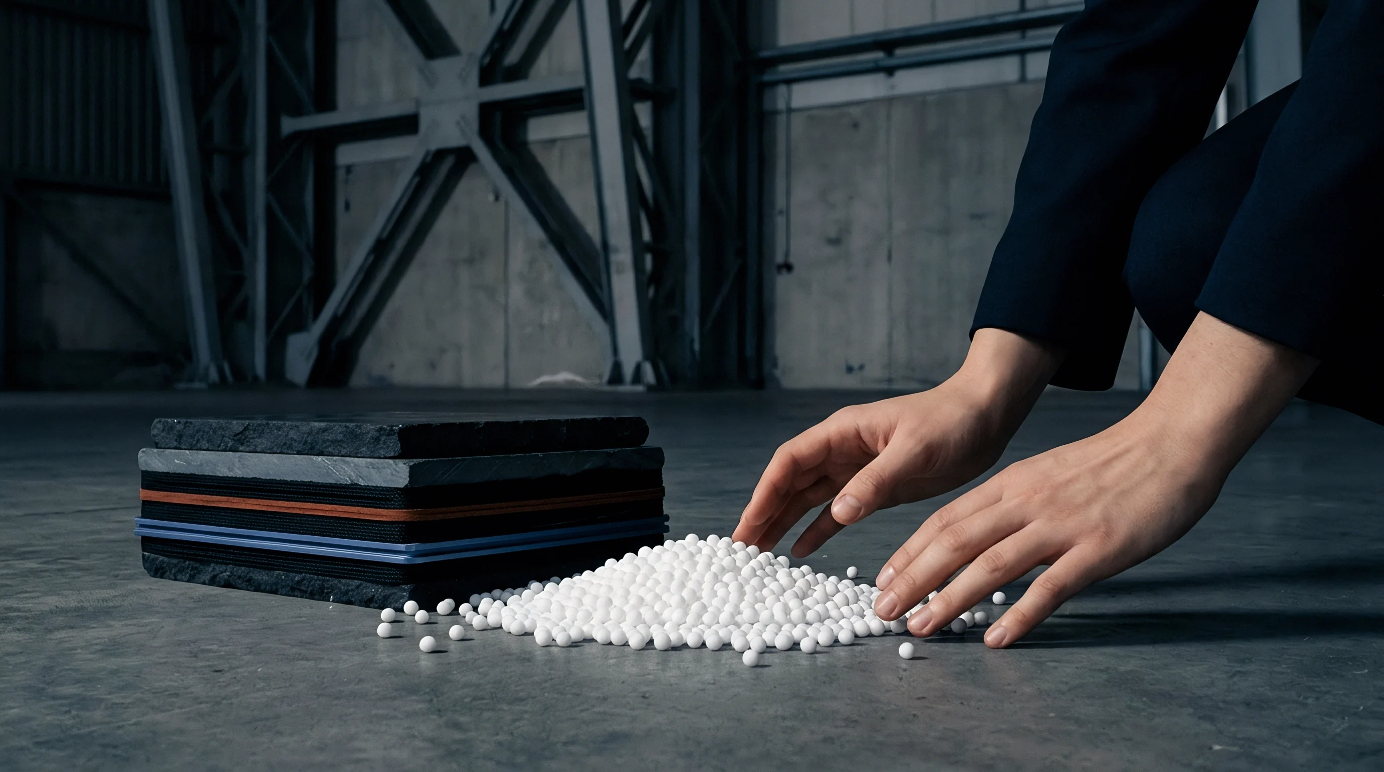 Polymer beads and layered insulation panels rest on a concrete warehouse floor beside industrial steel framing during raw material sorting.