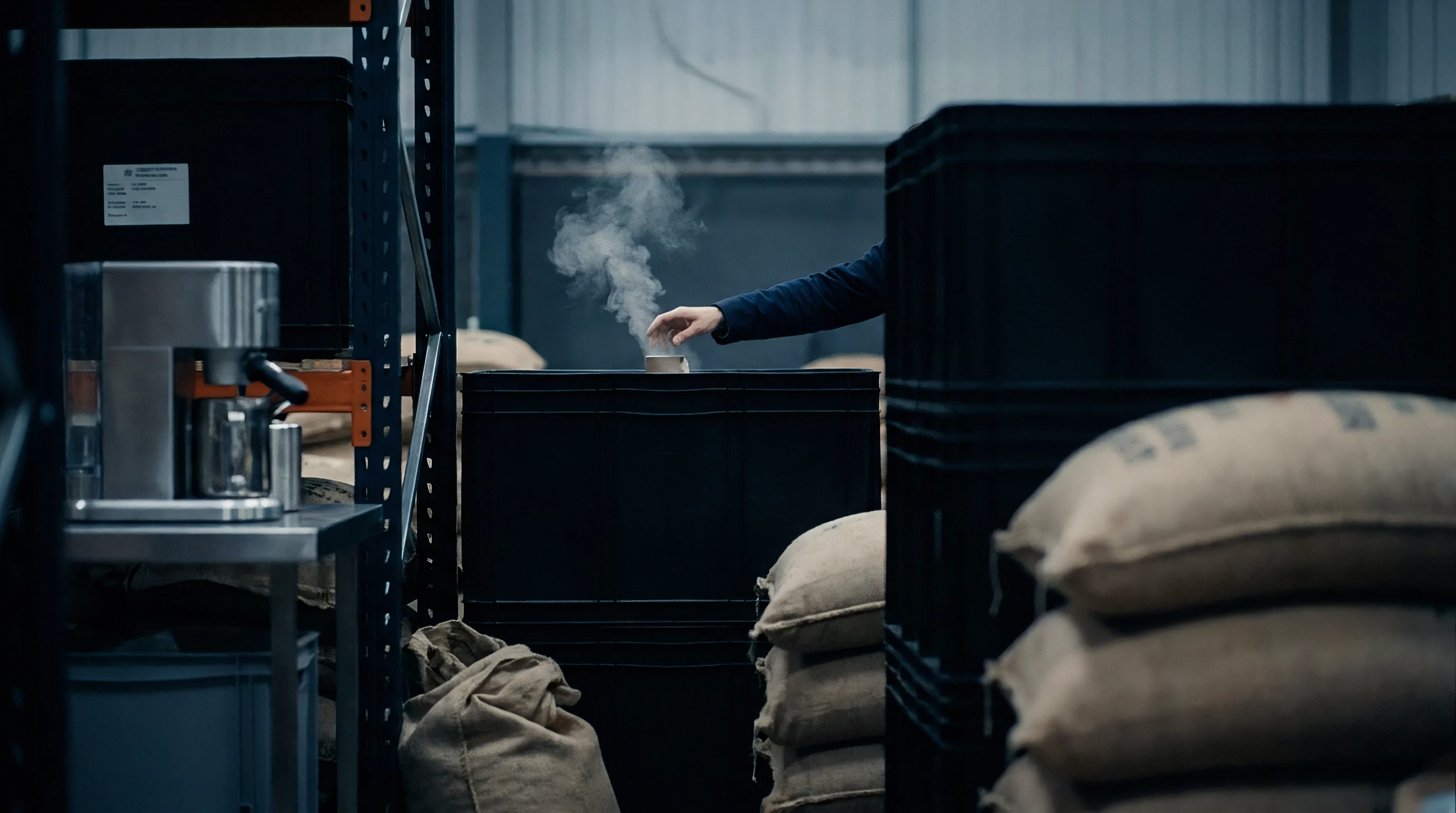 Raw jute sacks of agricultural commodities rest beside black plastic crates inside a spacious industrial warehouse during inventory processing.