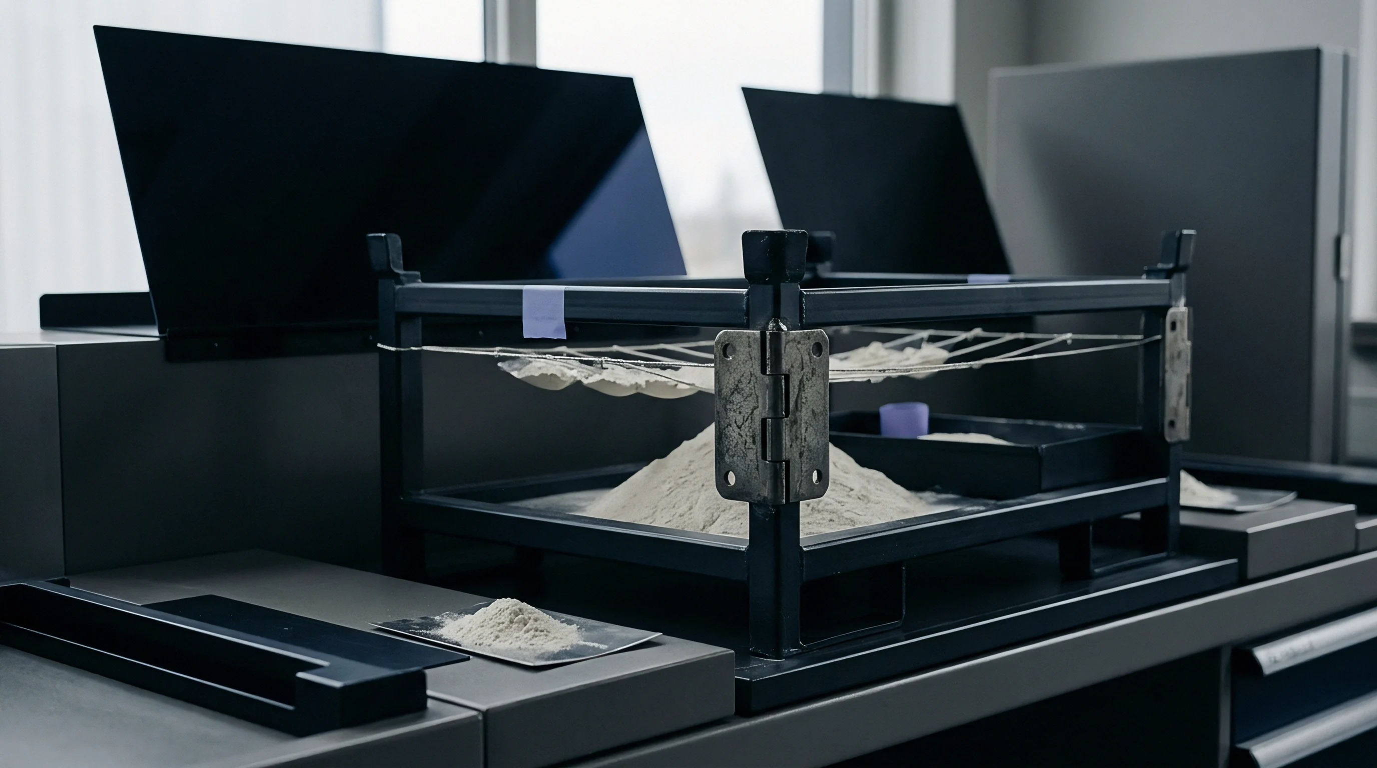 An industrial testing bench holds heavy metal frame structures containing fine powder samples arranged beneath automated monitoring equipment.