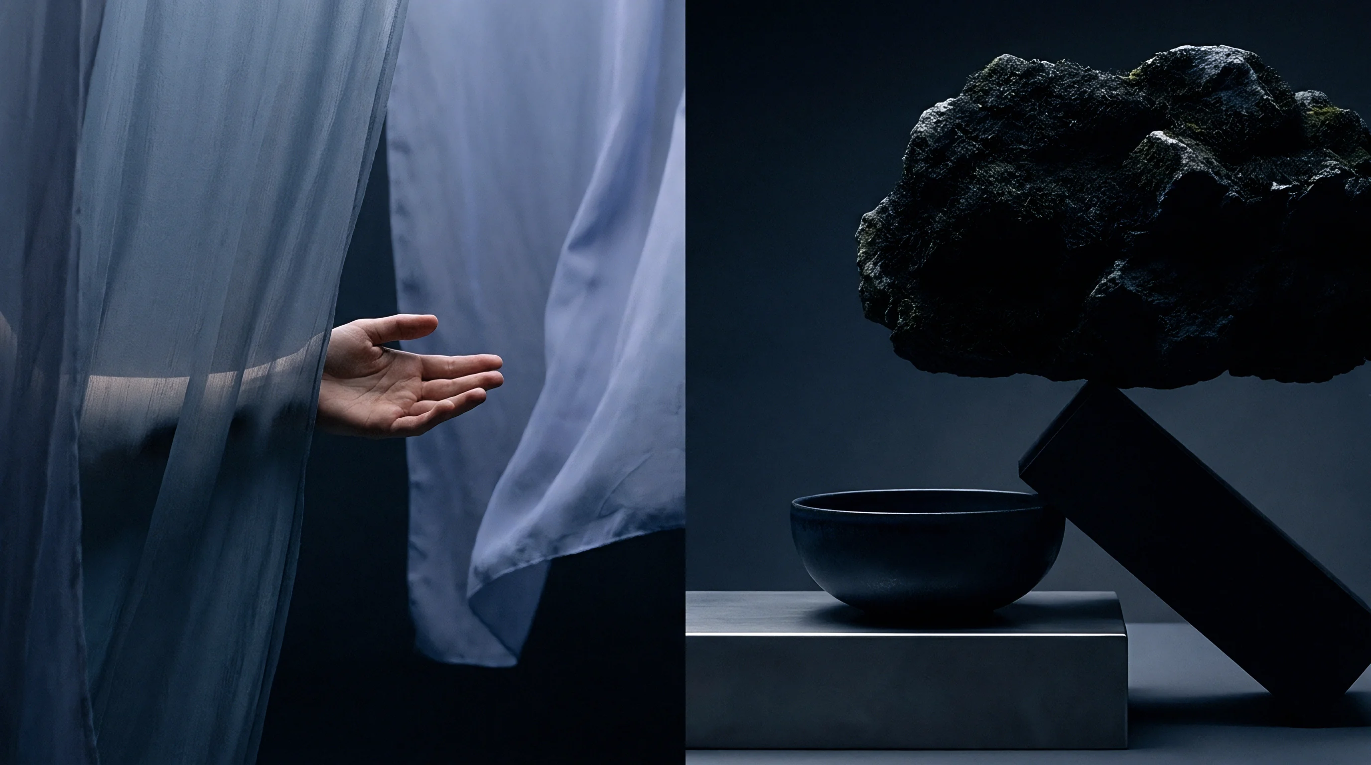 A heavy mineral deposit rests precariously beside a dark ceramic receptacle while a hand parts sheer fabric in a dim industrial studio.