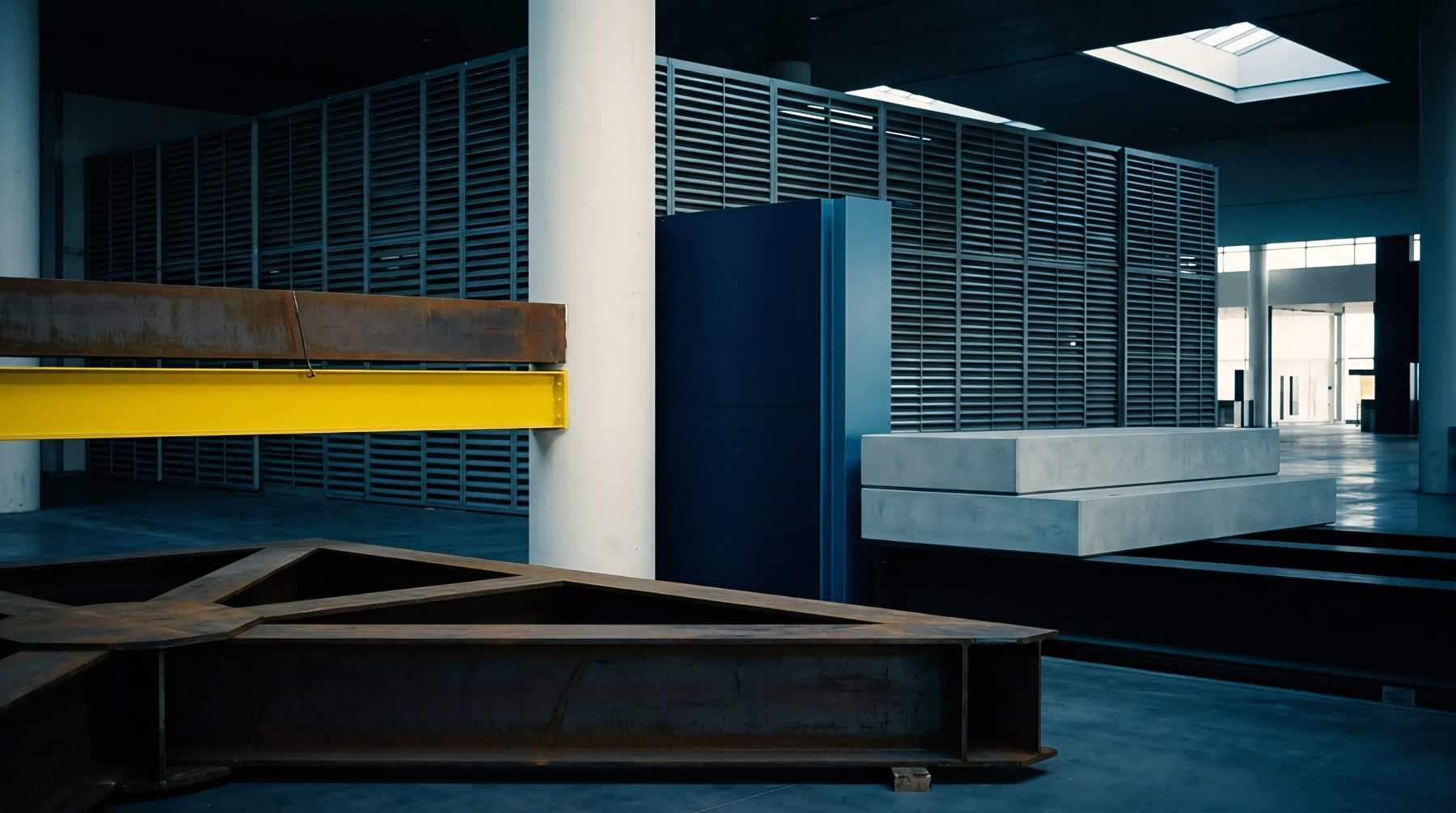 Heavy structural steel beams and cast concrete blocks rest on a warehouse floor near a blue divider and louvered metal partitions.