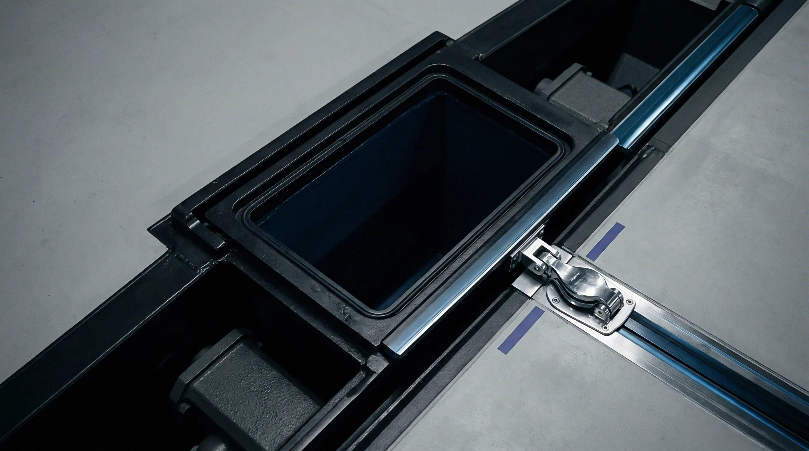 A dark open industrial container with blue lining is recessed into a black metal frame set on a grey concrete floor.
