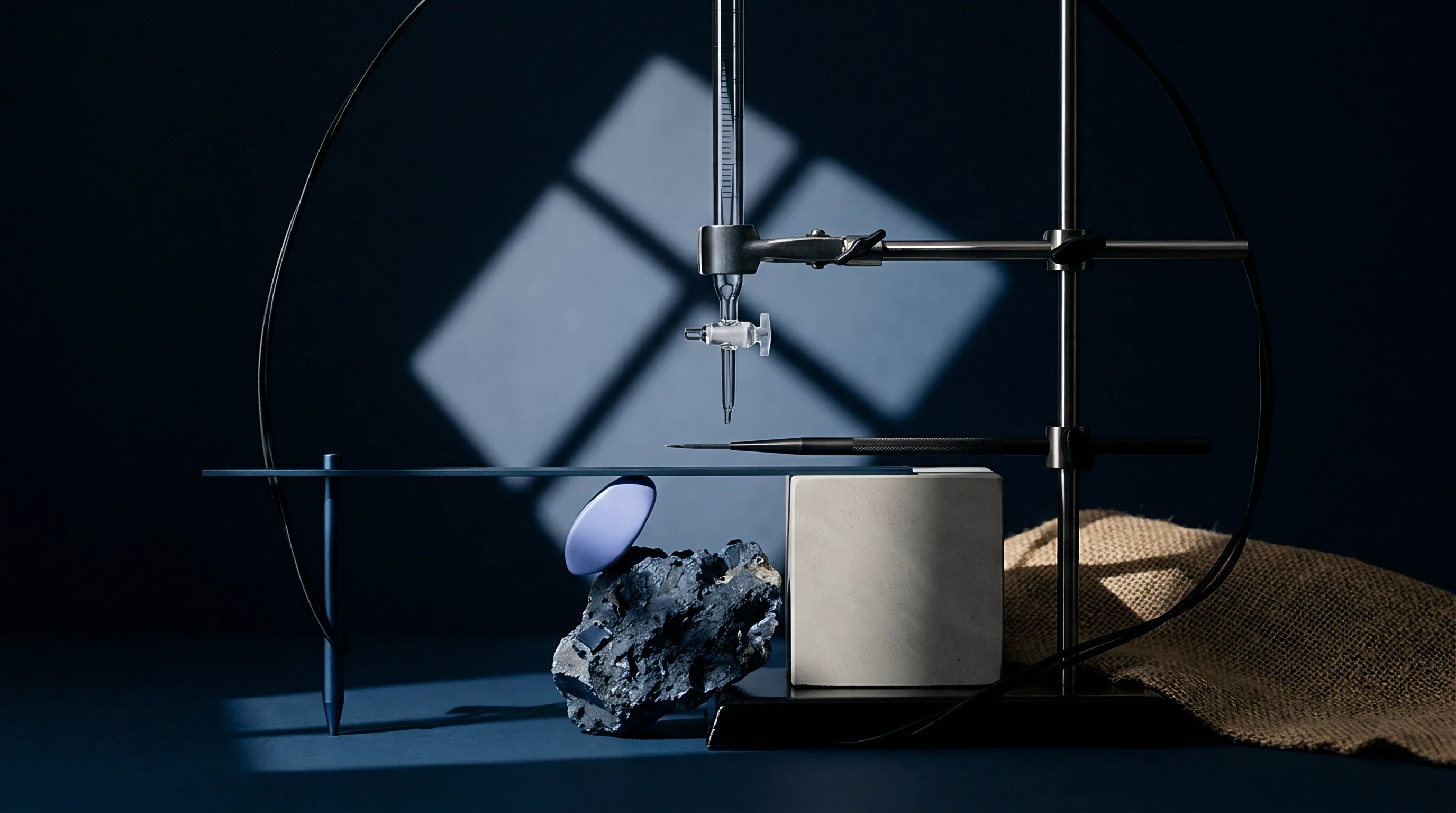 A burette fixed to a metal laboratory stand hovers over a rod atop a balanced plate beside irregular mineral samples.