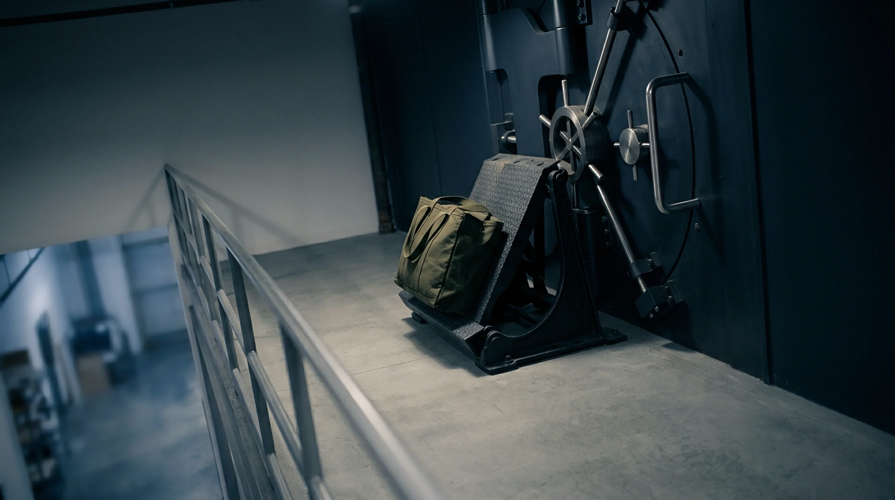 A heavy steel vault door and canvas cargo bag rest on an industrial concrete mezzanine near a safety railing.