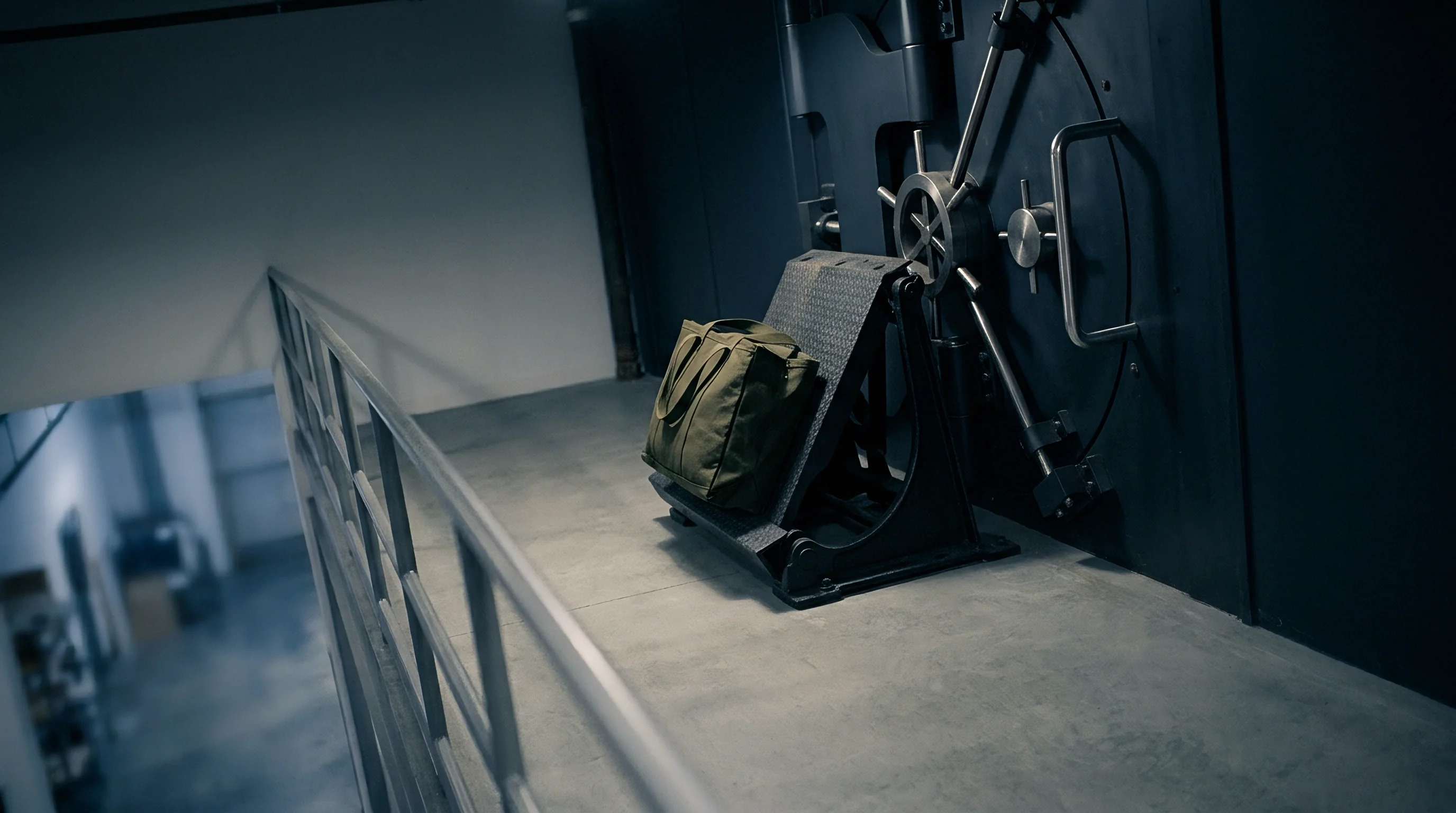 A heavy steel vault door and canvas cargo bag rest on an industrial concrete mezzanine near a safety railing.