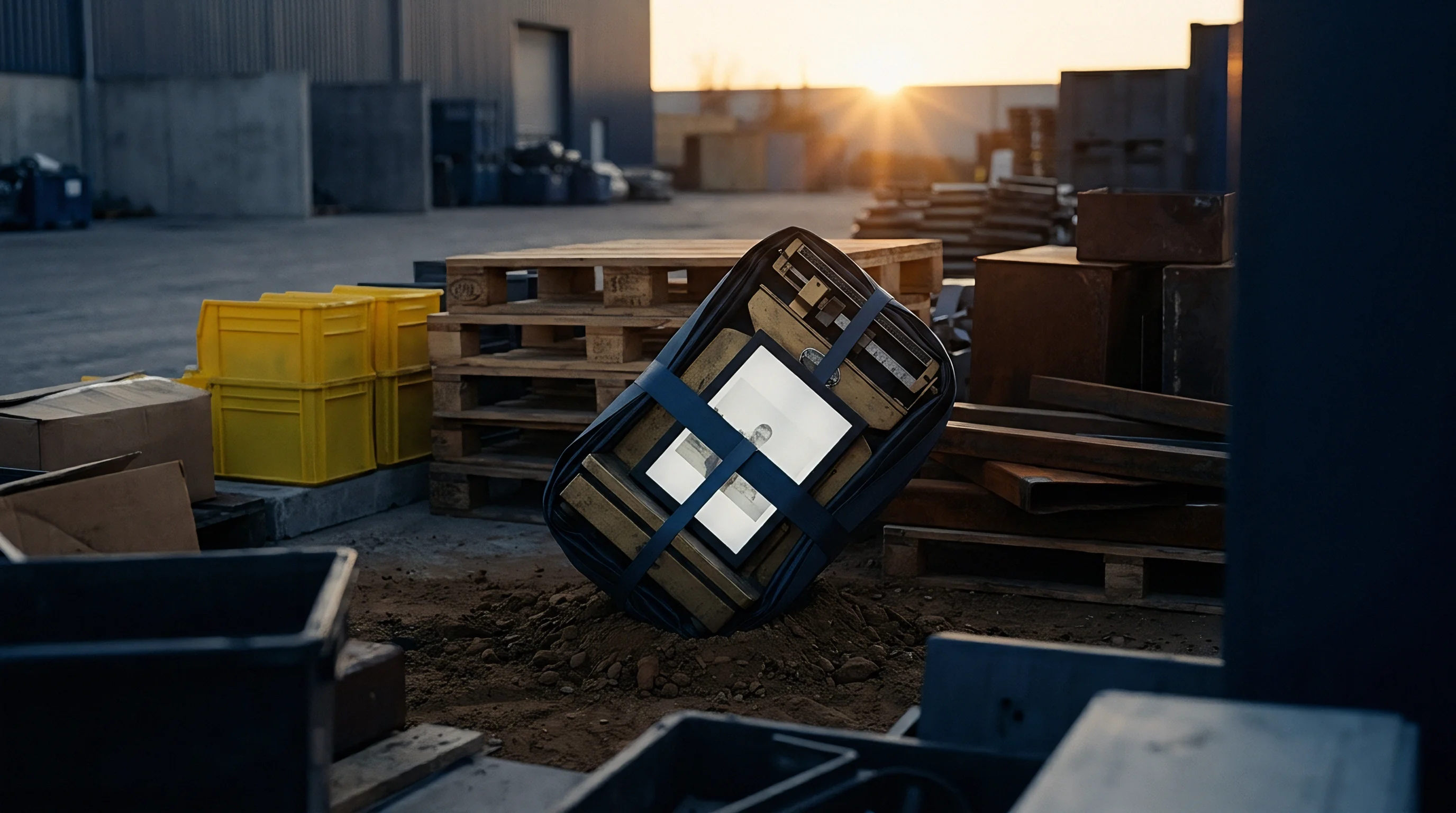 An industrial yard holds a secured package with strapping bands containing a framed photograph and metal equipment resting in a dirt mound.