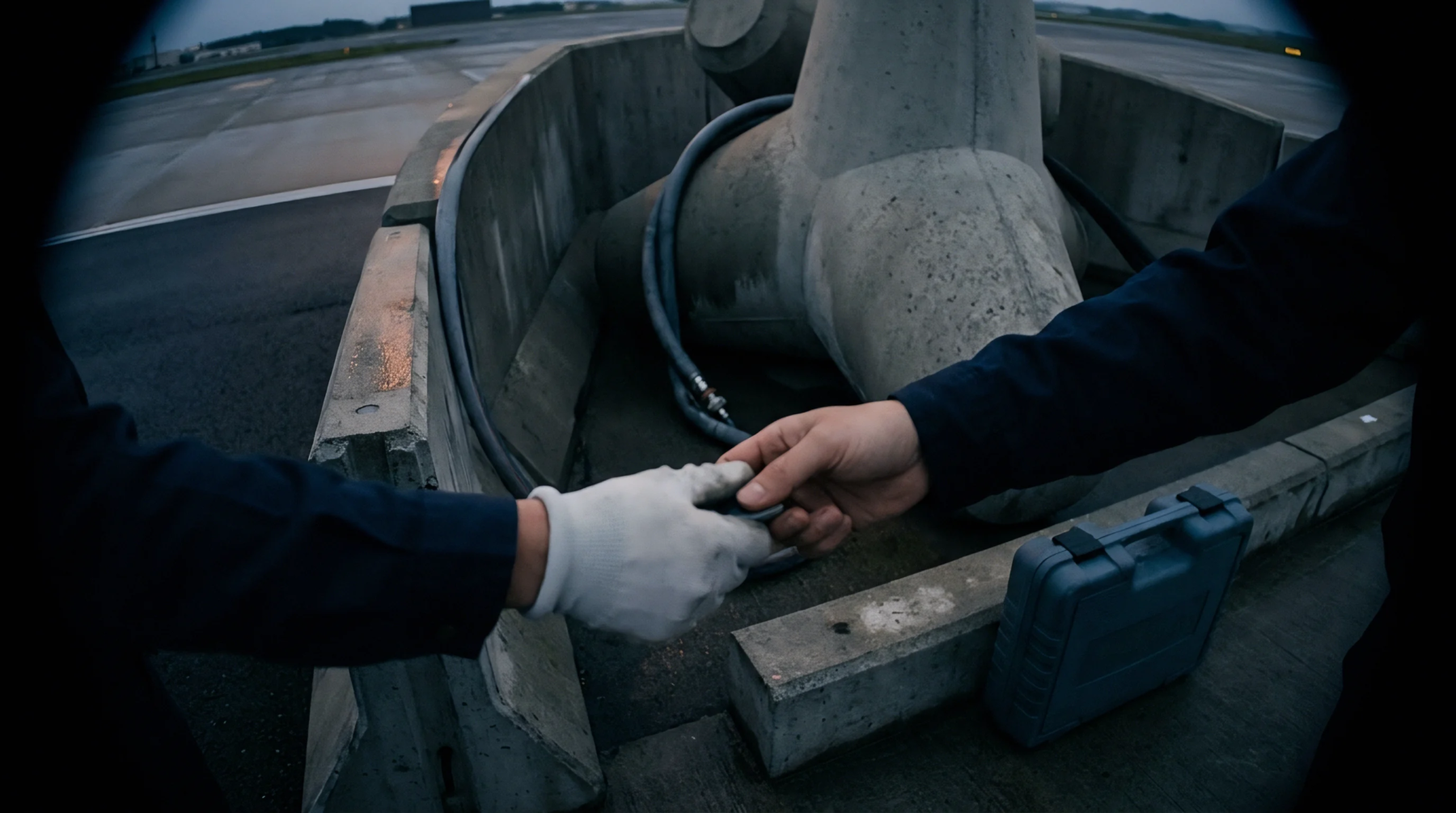 Two workers exchange a small metal component wearing protective gloves near concrete barriers on an industrial airfield tarmac.