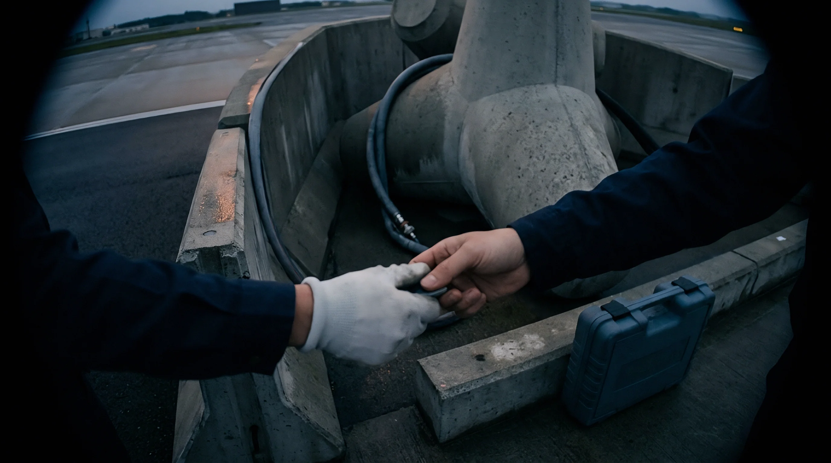 Two workers exchange a small metal component wearing protective gloves near concrete barriers on an industrial airfield tarmac.