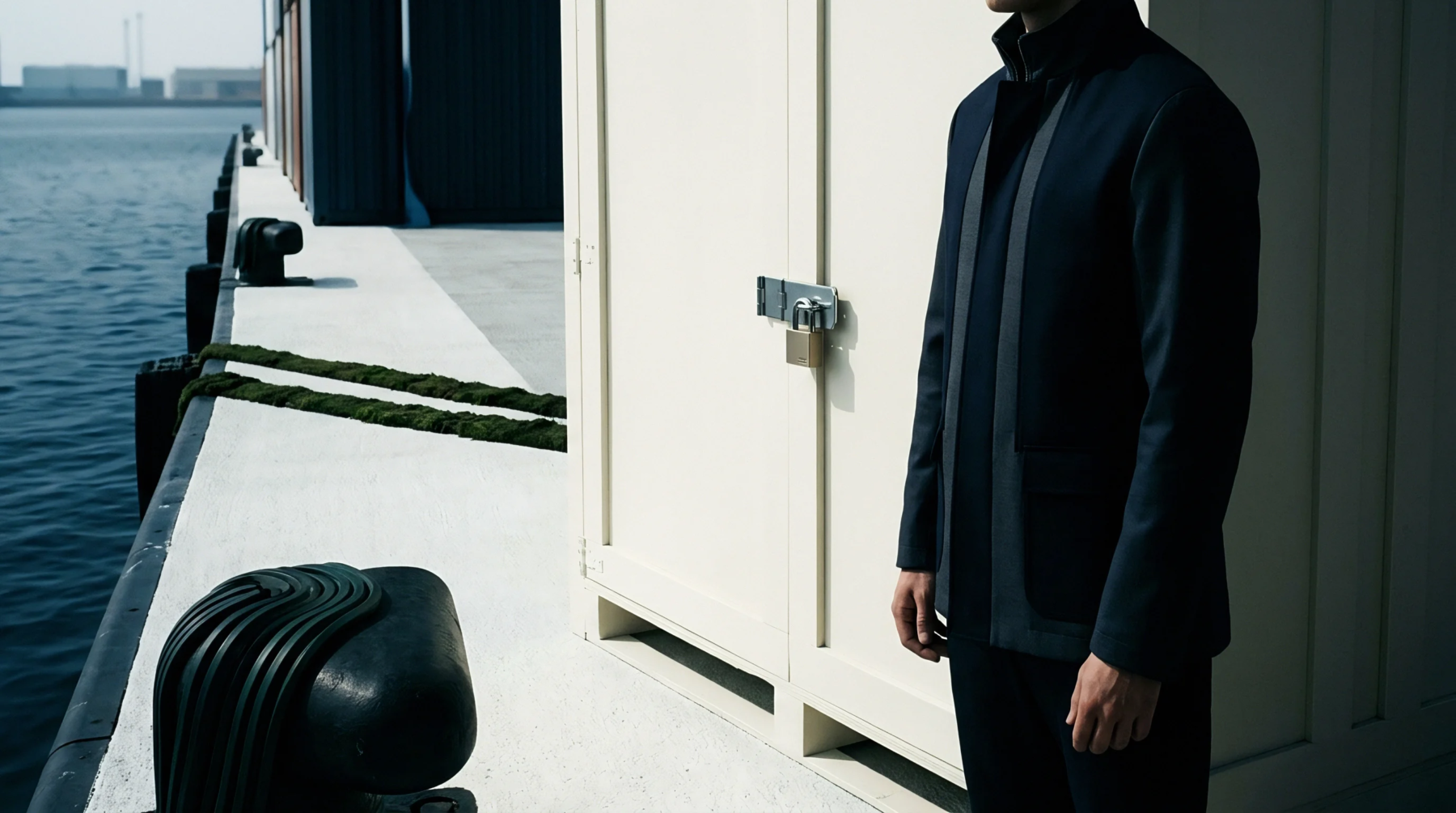 A locked storage container stands on a concrete pier beside dark water with a figure in dark attire nearby.