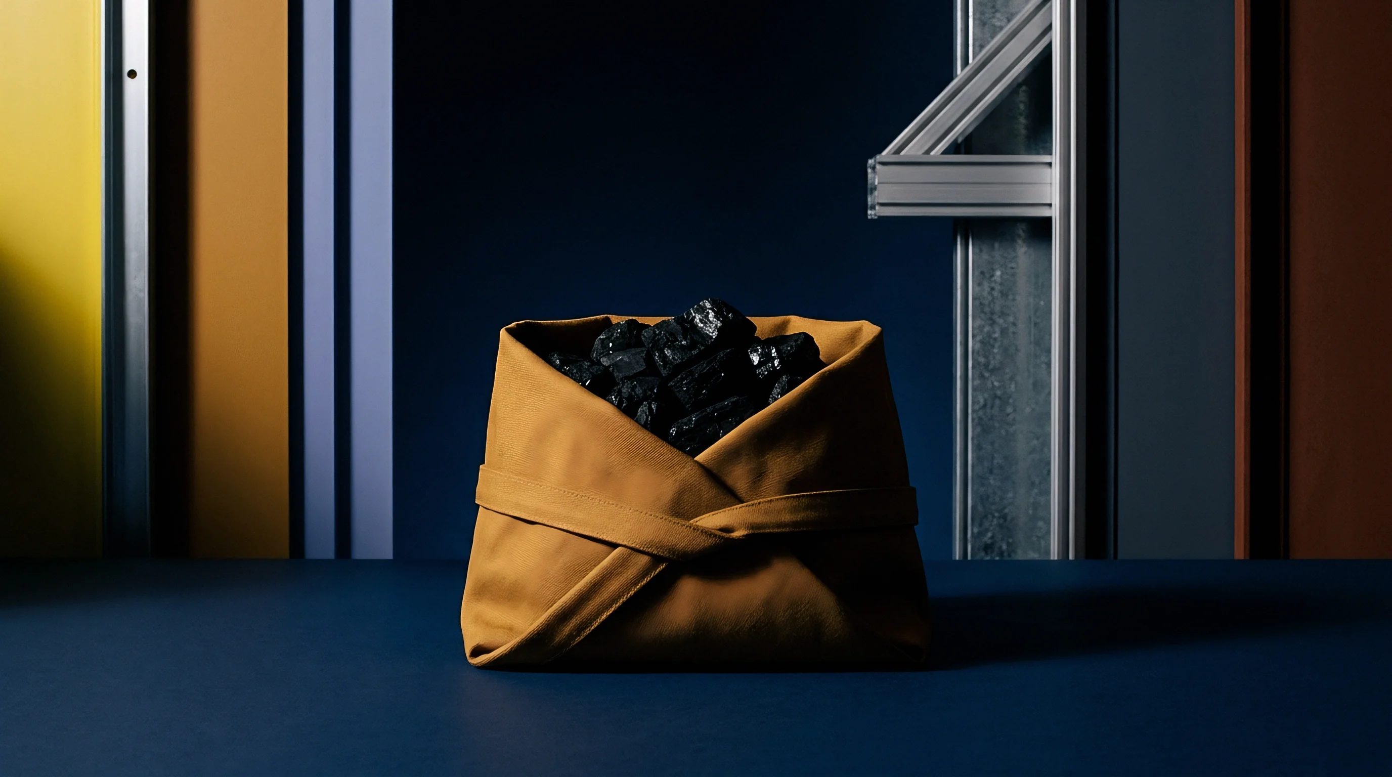 Heavy dark solid fuel chunks fill a secured yellow fabric container positioned on a dark blue industrial surface.