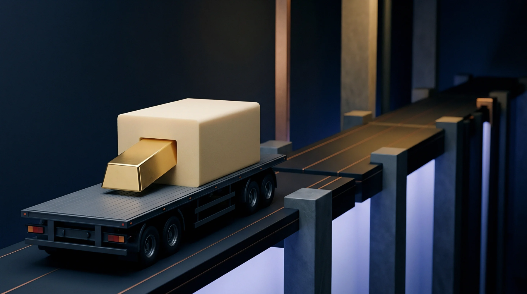 A digital illustration shows a multi axle flatbed truck transporting a block holding a large gold bar along an elevated dark roadway.