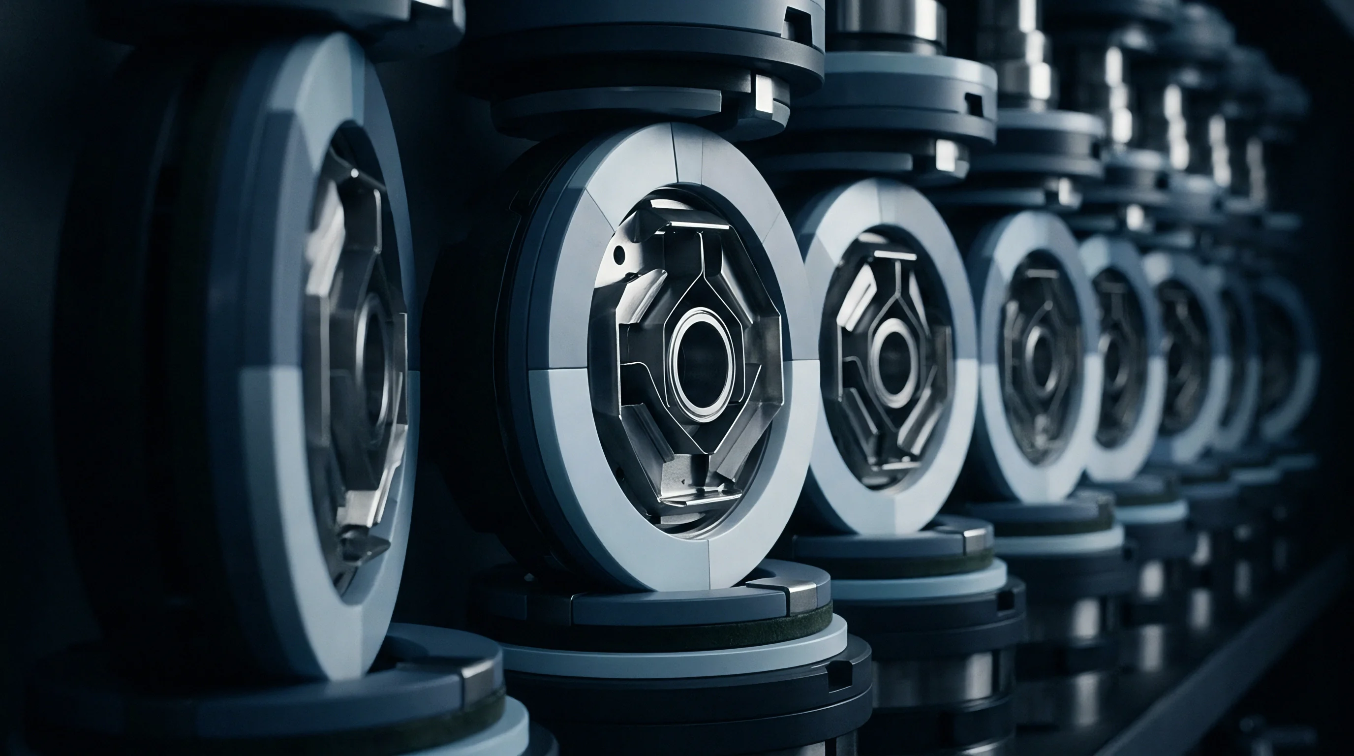 Precision engineered modular machine parts line an automated manufacturing facility floor in a repeating mechanical assembly sequence.