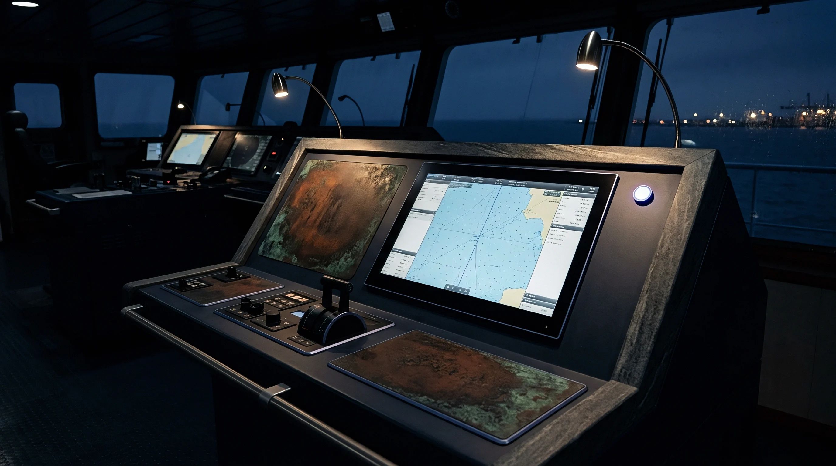 Marine navigation electronics and digital chart displays illuminate a dark ship bridge overlooking coastal waters during evening operations.