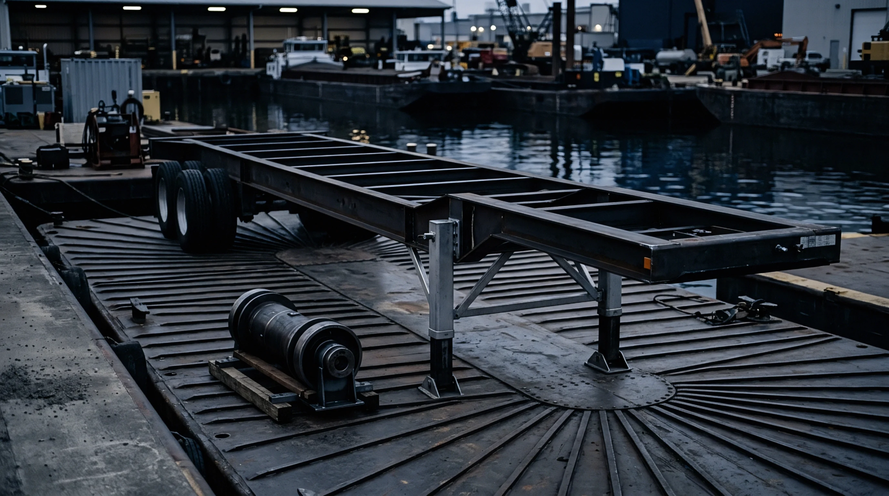 Steel skeletal container chassis and heavy industrial machinery rest on a reinforced barge deck inside a working harbor terminal.