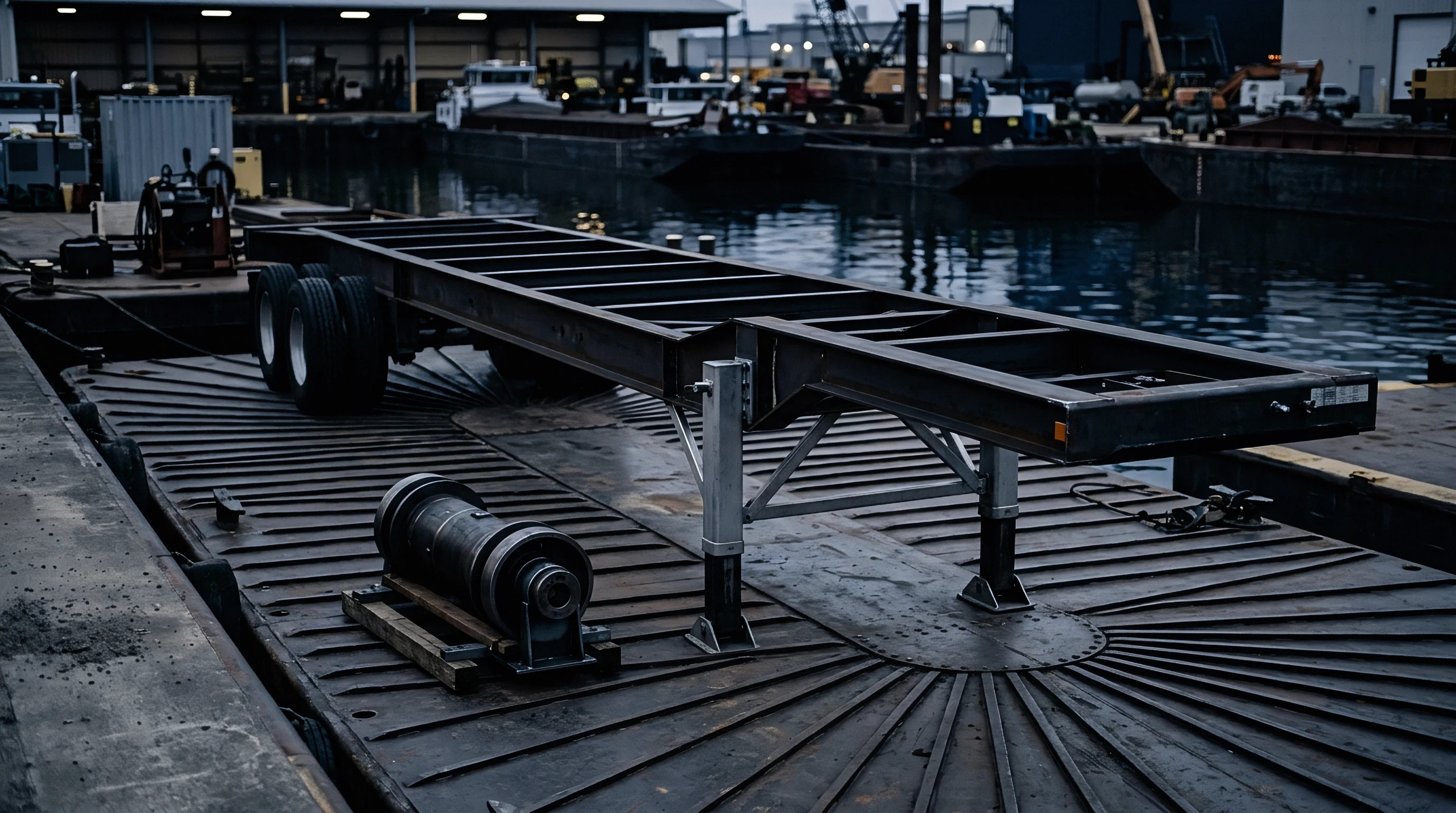 Steel skeletal container chassis and heavy industrial machinery rest on a reinforced barge deck inside a working harbor terminal.