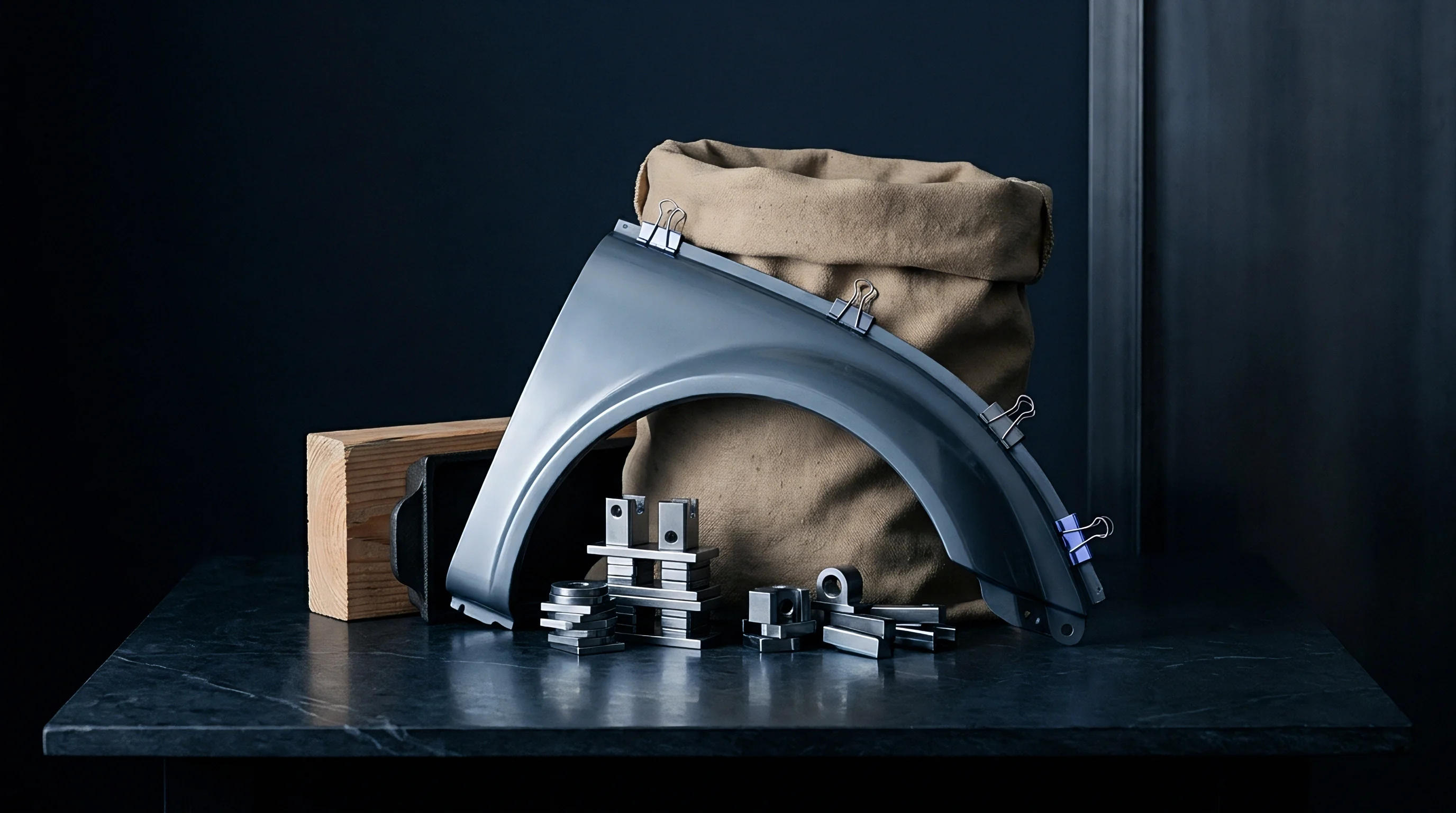 Stamped steel automotive panels rest beside textile storage sacks and stacked metal shims on a dark workbench.
