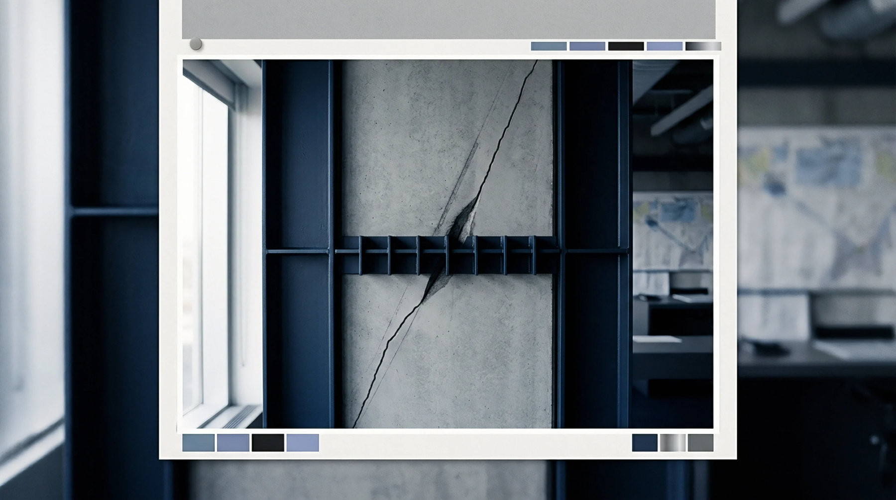 A diagonal fracture splits a concrete structural support within a dark metal industrial grid framework inside a professional workspace.