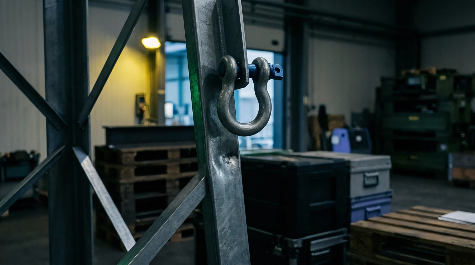 Galvanized steel structural framing features a rigging shackle and impact damage inside an active industrial warehouse storage facility.