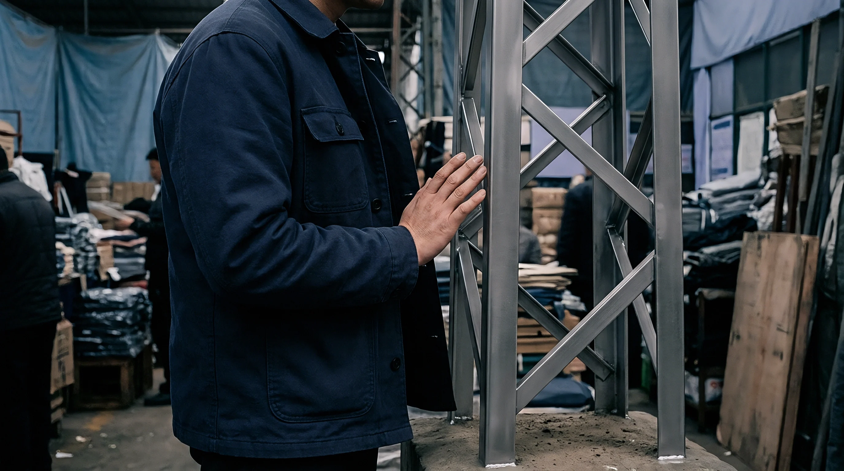 An industrial worker wearing blue workwear examines welded structural steel framework inside a component manufacturing facility surrounded by inventory.