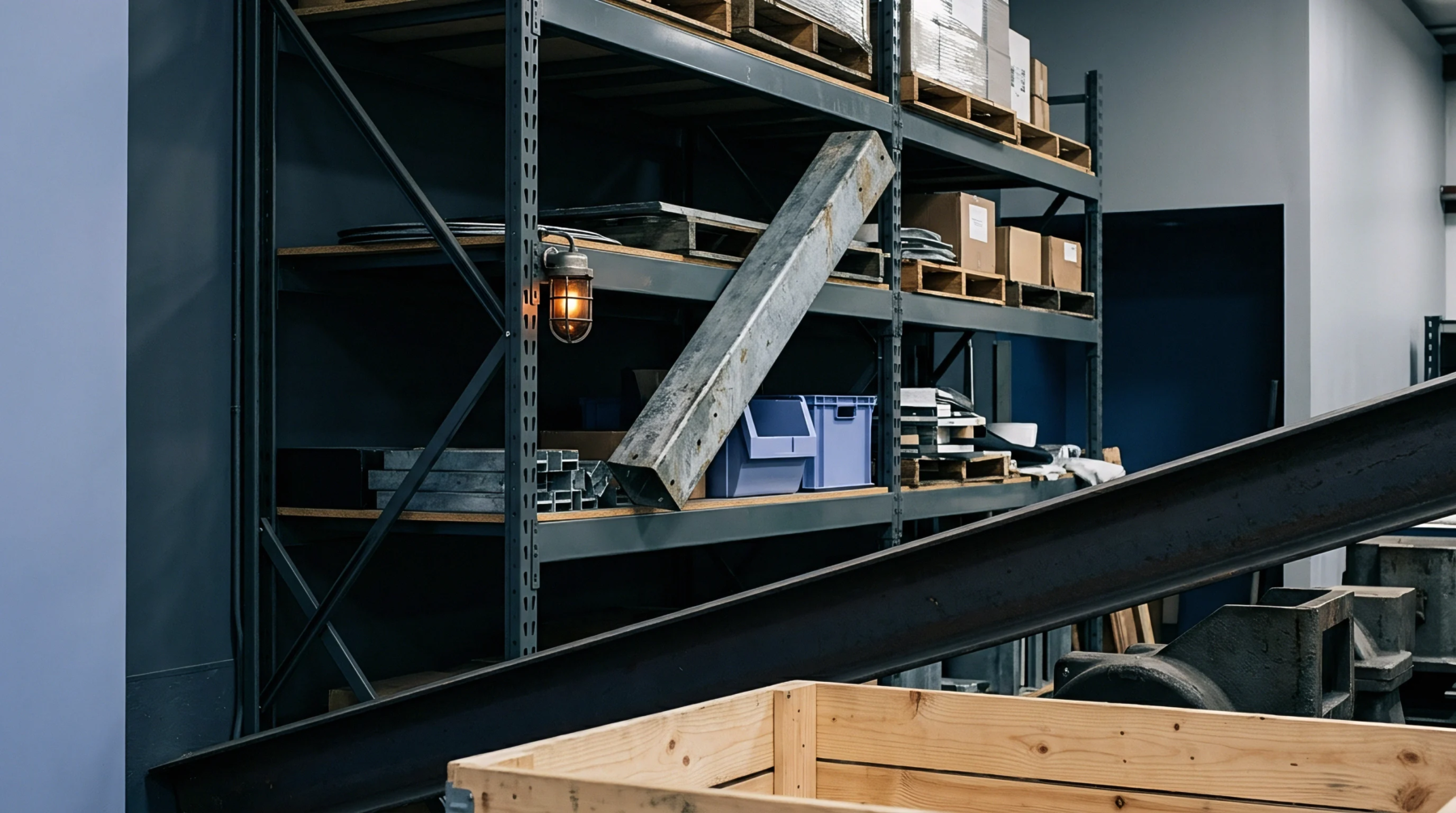 Heavy duty steel beams and assorted metal stock sit on industrial shelving units inside a commercial warehouse storage facility.