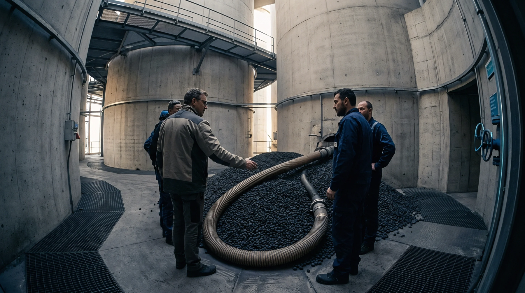 Industrial operators inspect a pile of processed carbon raw material fed by flexible hoses within a concrete silo facility.