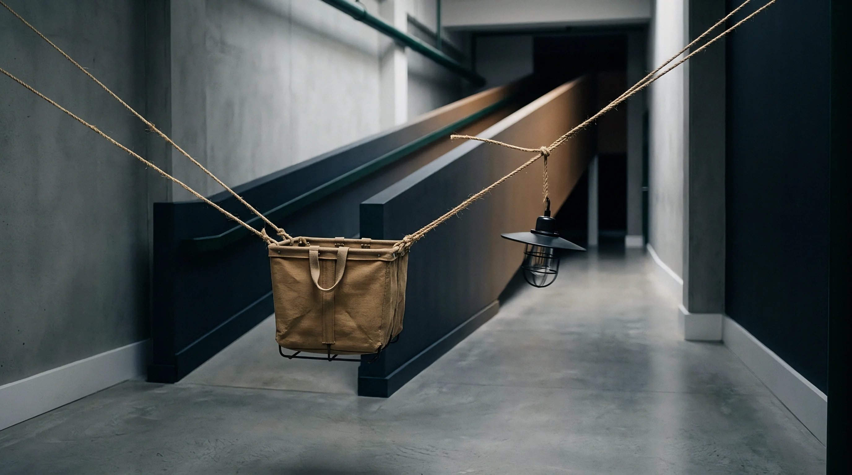 A canvas carrier and an industrial lamp hang from a rope system over an inclined concrete pathway within a utilitarian building.