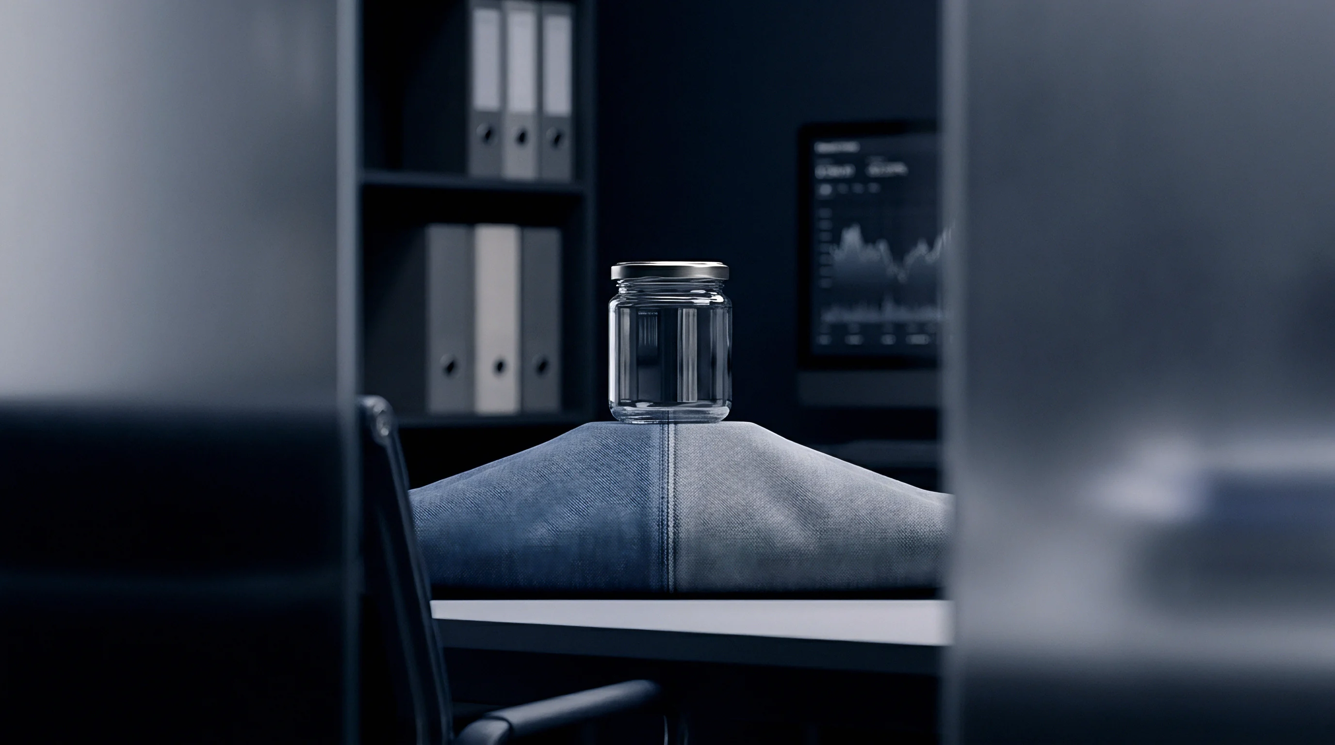 An empty glass vessel rests atop a piece of folded denim fabric within a dark office setting featuring shelves of files and digital market monitors.